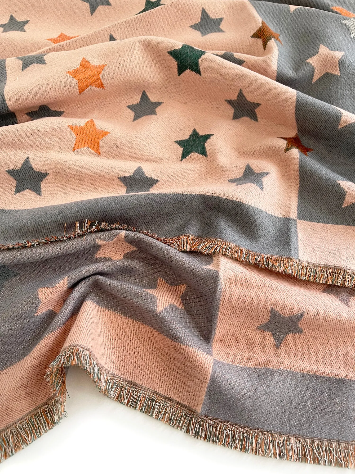 LARGE BLUSH PINK WOOL STAR PRINT REVERSIBLE WINTER SHAWL BLANKET SCARF