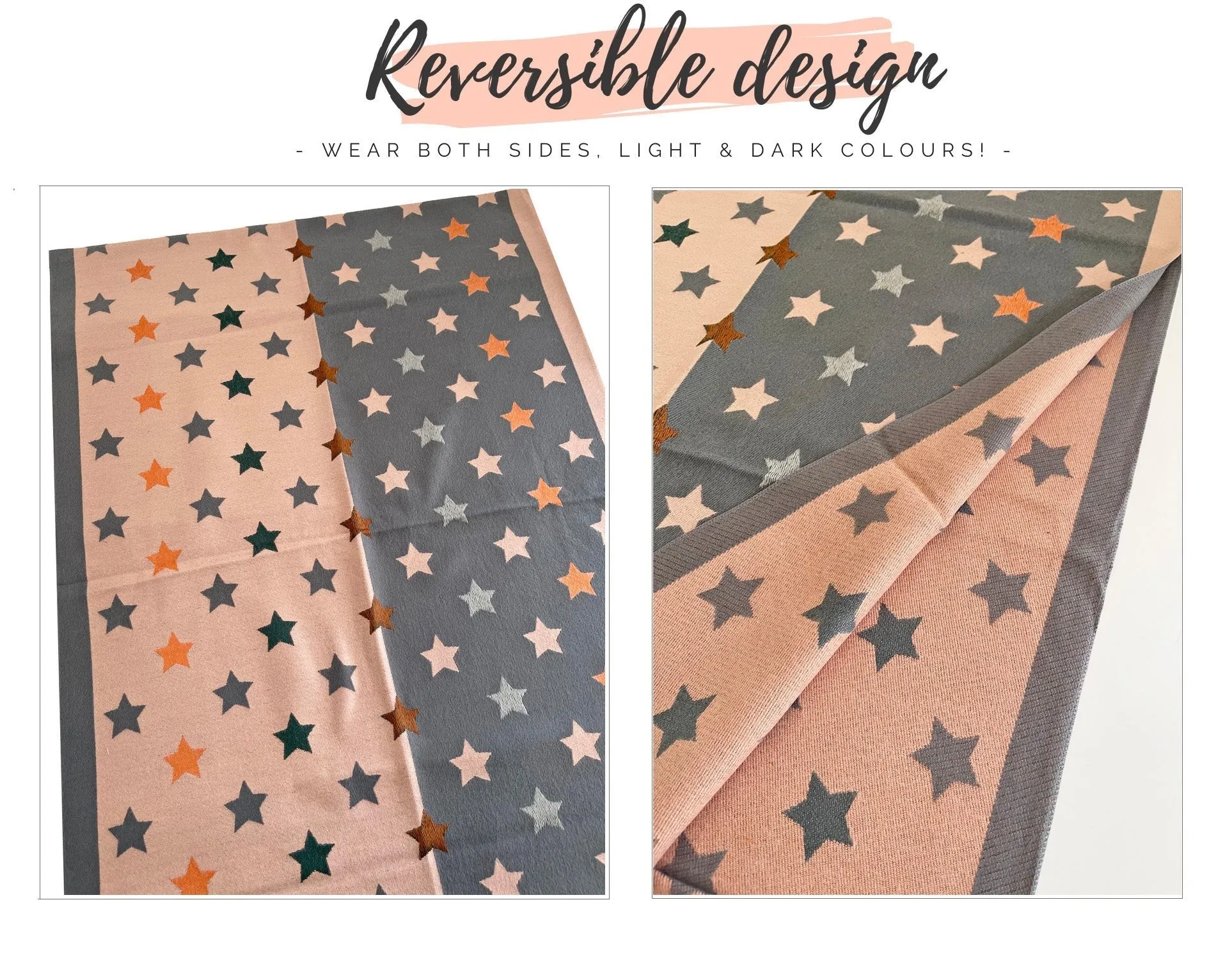 LARGE BLUSH PINK WOOL STAR PRINT REVERSIBLE WINTER SHAWL BLANKET SCARF