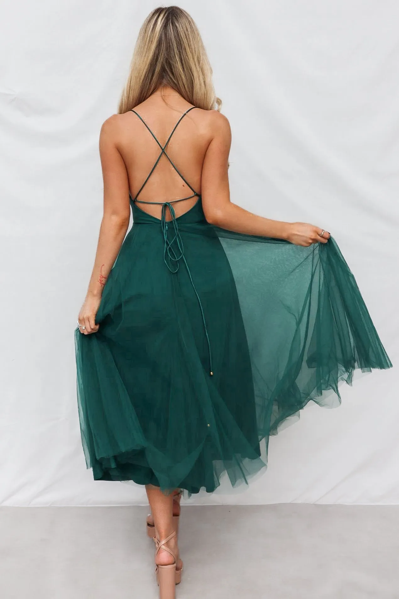 Latisha Tulle Midi Dress - Forest Green