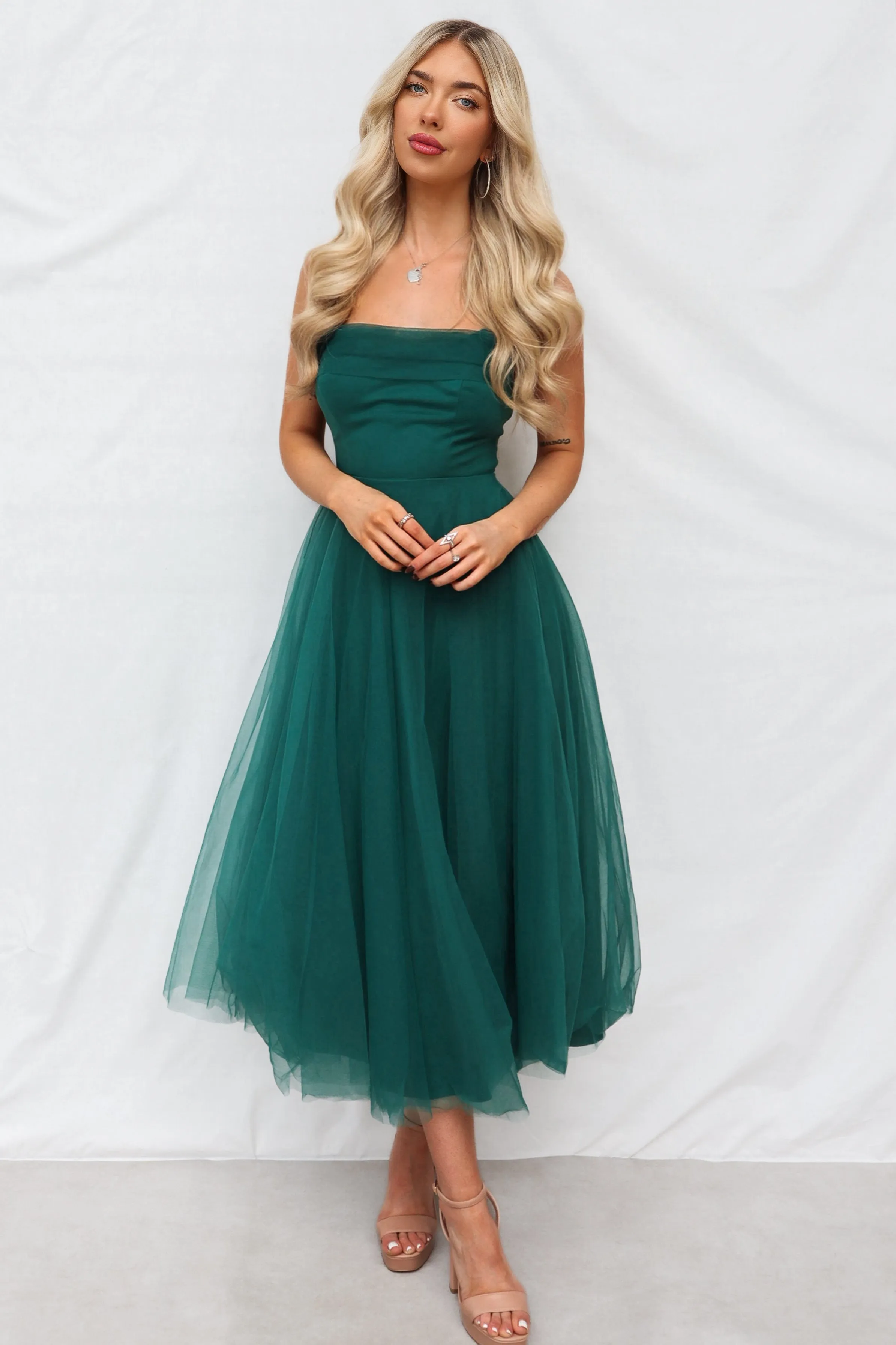 Latisha Tulle Midi Dress - Forest Green