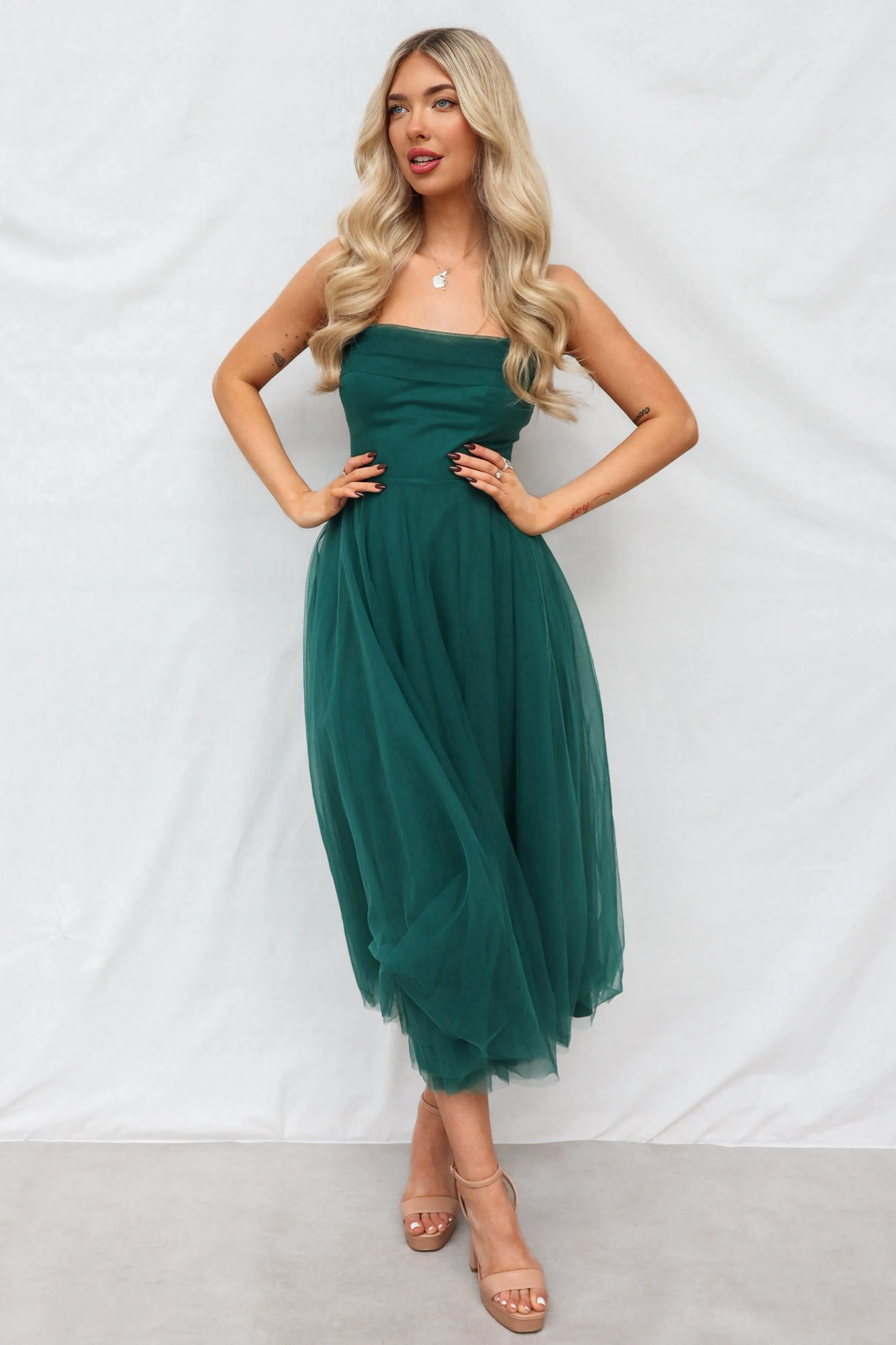 Latisha Tulle Midi Dress - Forest Green