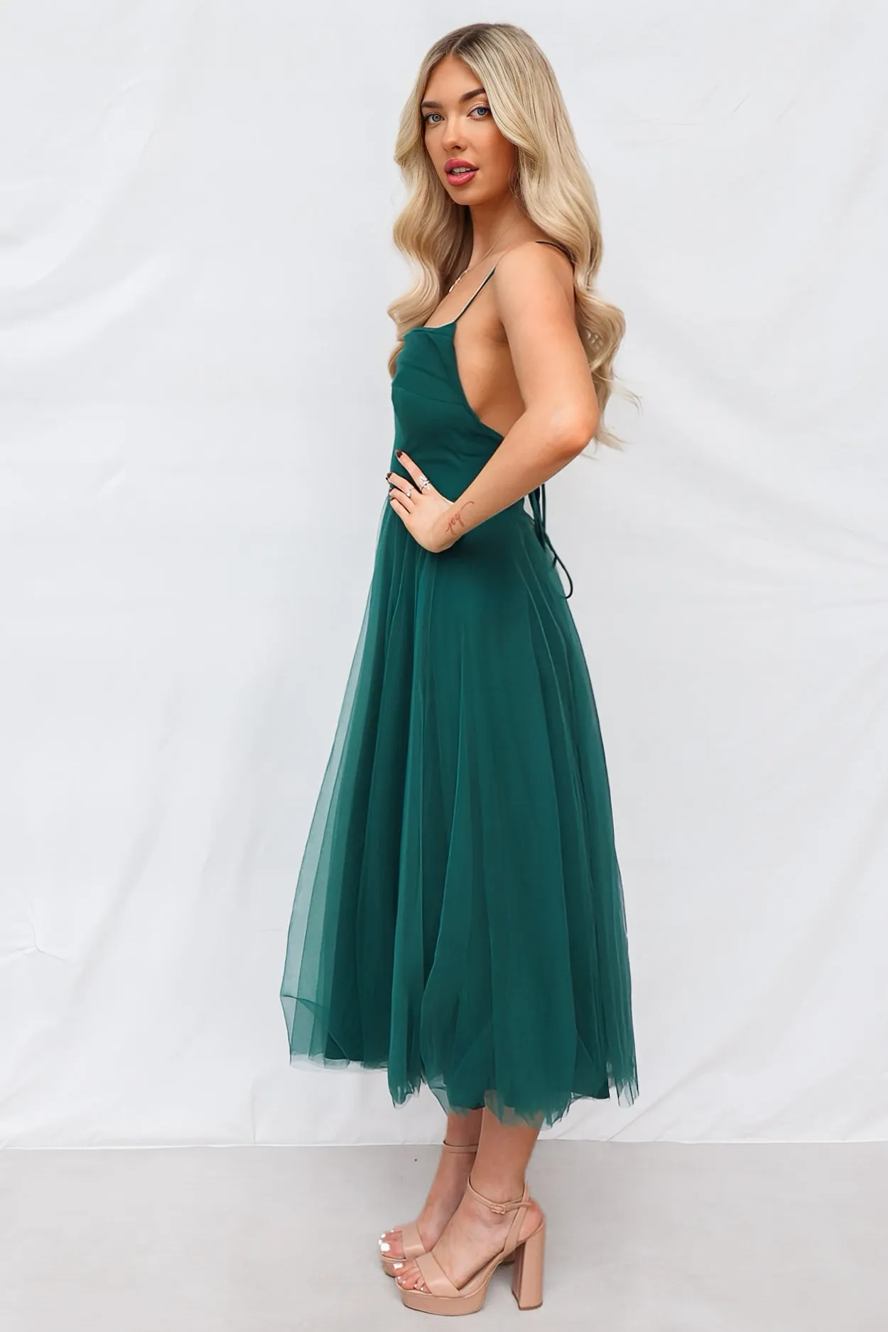 Latisha Tulle Midi Dress - Forest Green