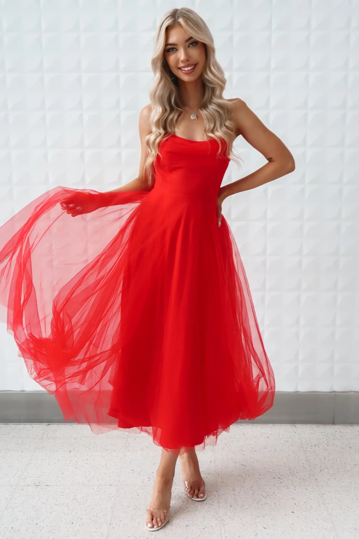 Latisha Tulle Midi Dress - Red