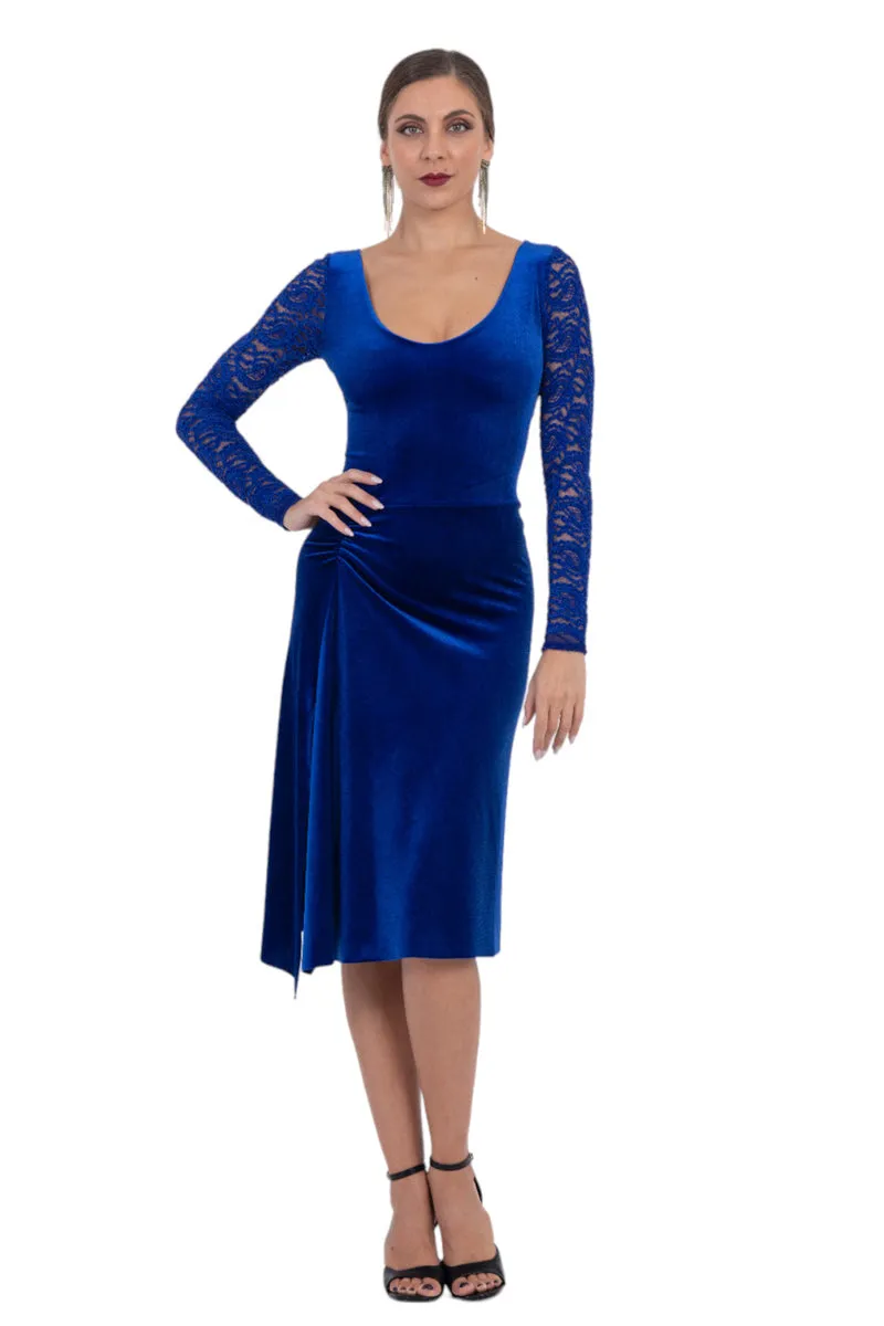 Long Sleeve Velvet & Lace Dress with Crisscross Back