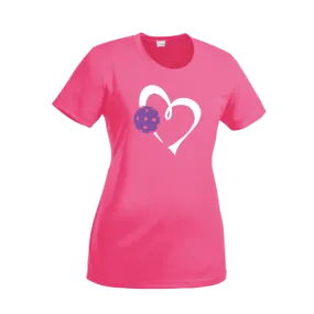 Love Pickleball Heart (Purple) | Women’s Short Sleeve Crewneck Athletic Shirts | 100% Polyester