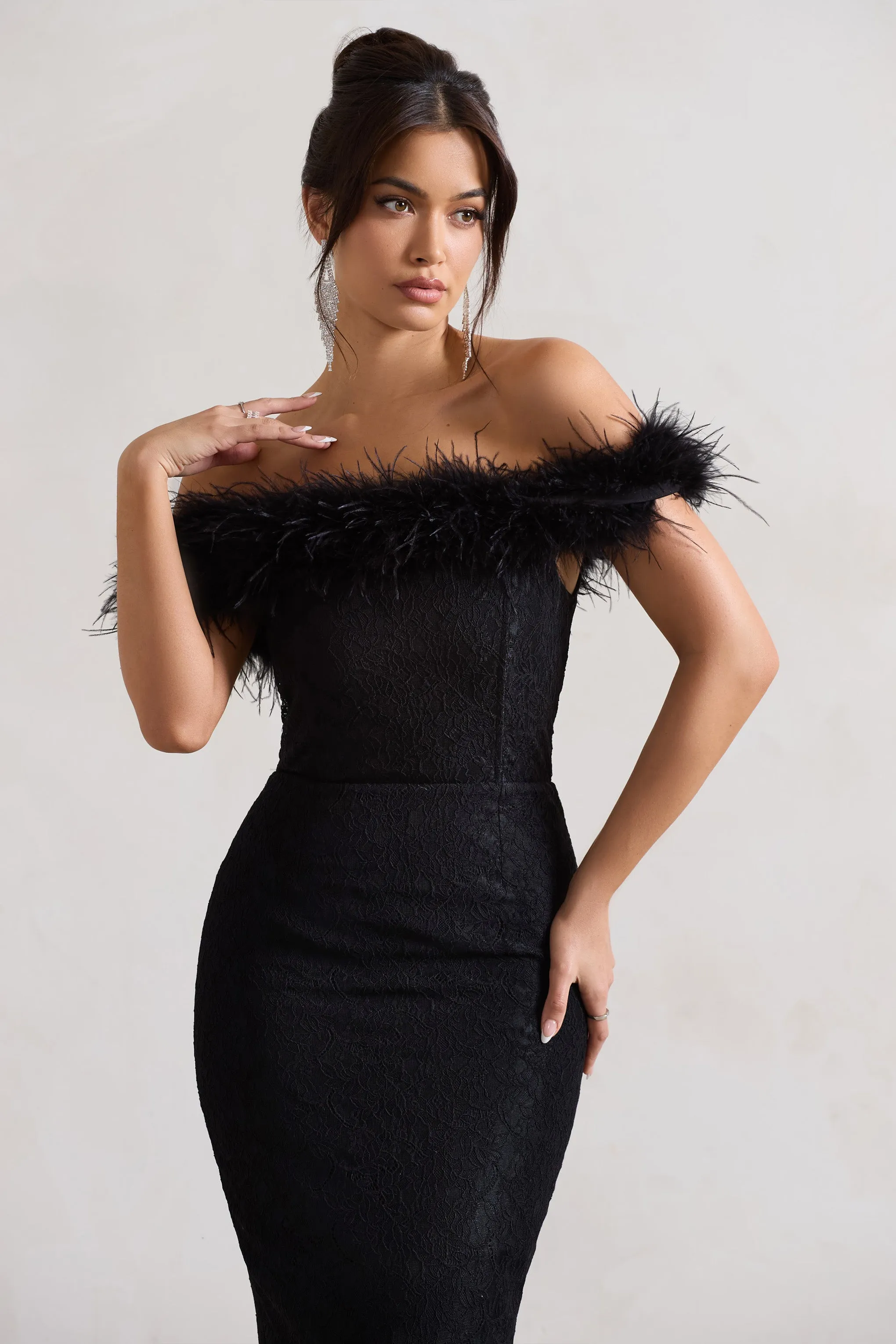 Maiden | Black Lace Bardot Midi Dress With Feather Trim