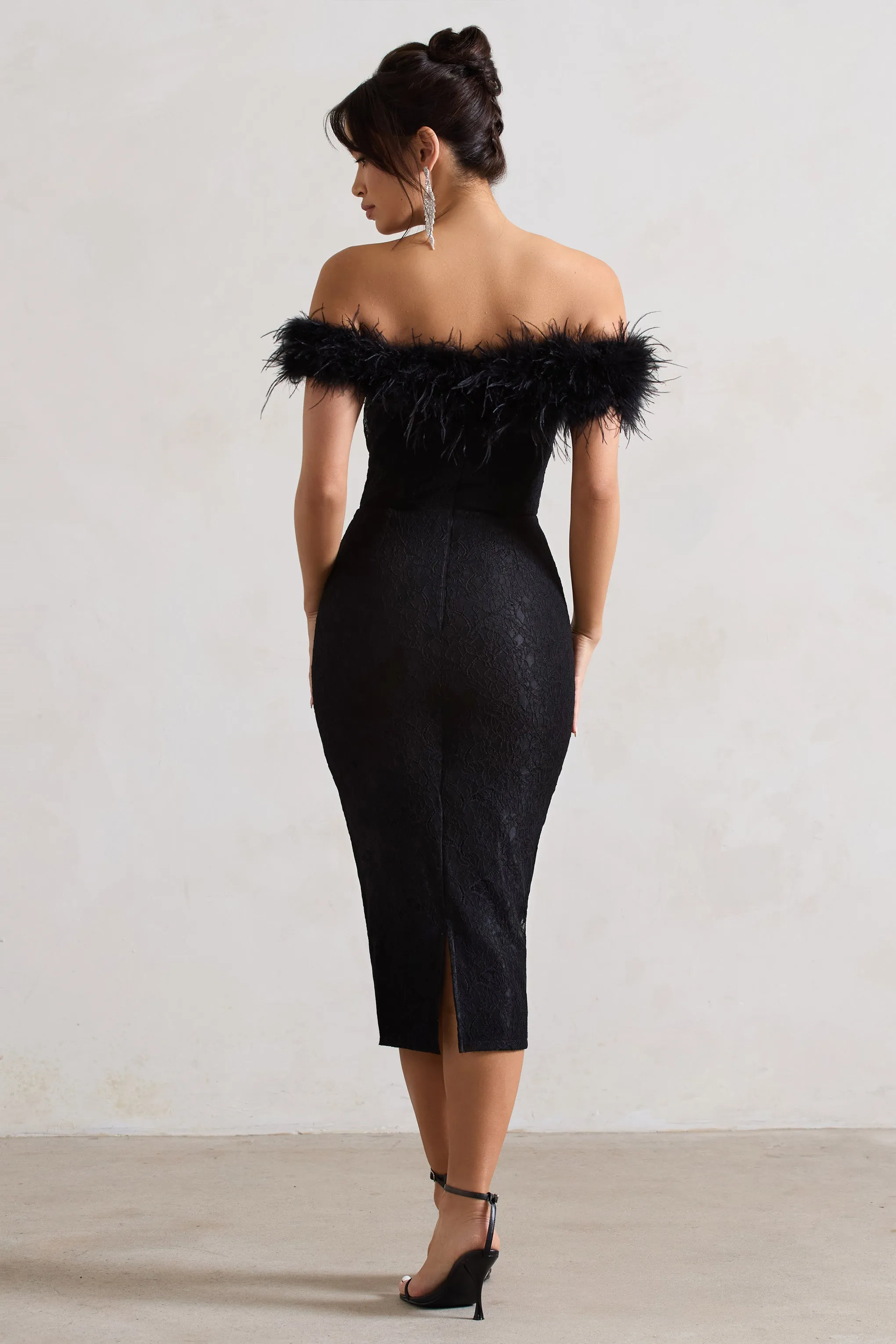 Maiden | Black Lace Bardot Midi Dress With Feather Trim