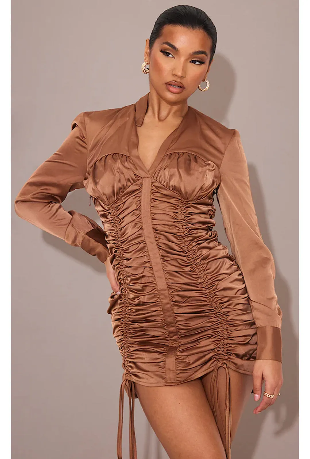 Mocha Satin Ruched Long Sleeve Shirt Style Bodycon Dress