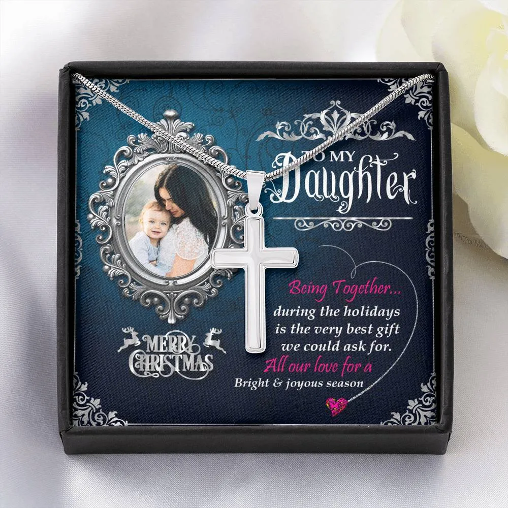 Mom To Daughter 14k White Gold Finish Cross Necklace With Custom Photo Christmas Message Card Gift For Daughter