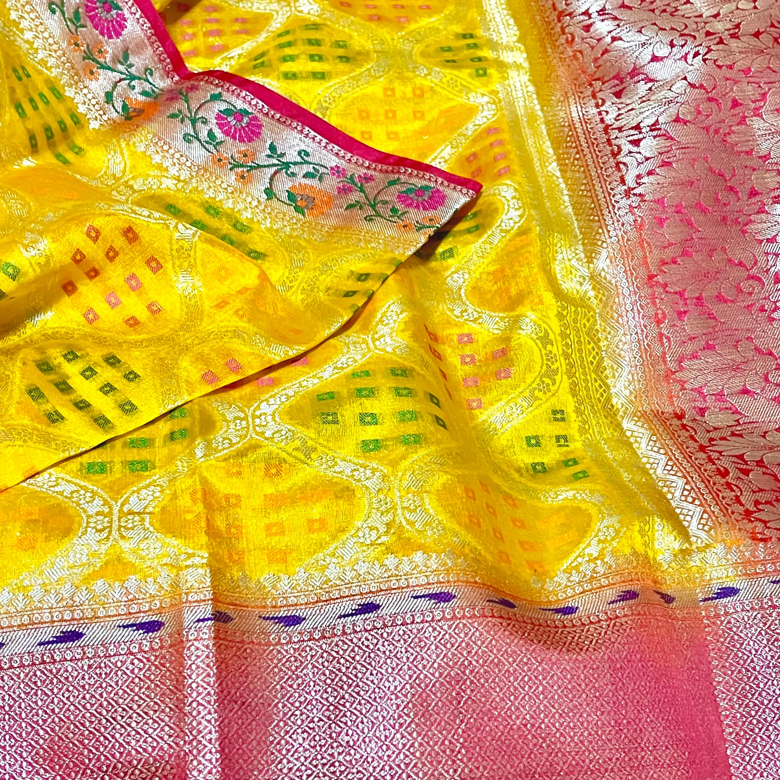 Mustard Yellow & Red Dupion silk with Paithani style border & stitched blouse