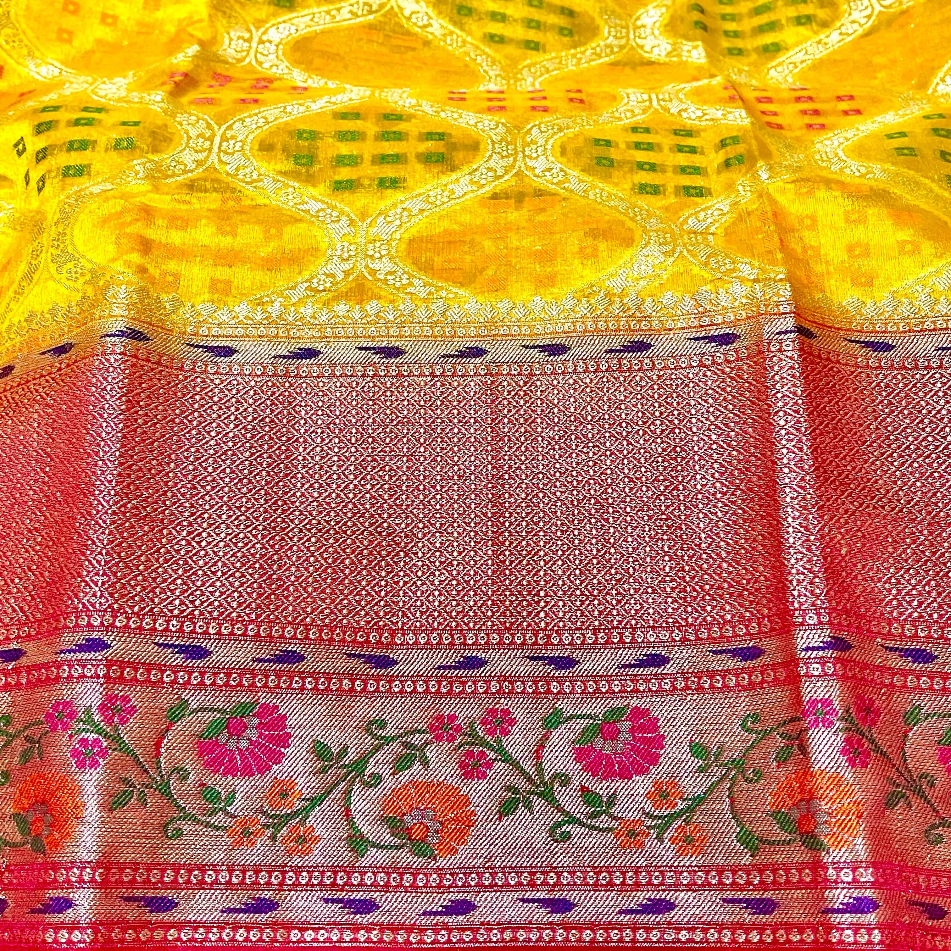 Mustard Yellow & Red Dupion silk with Paithani style border & stitched blouse