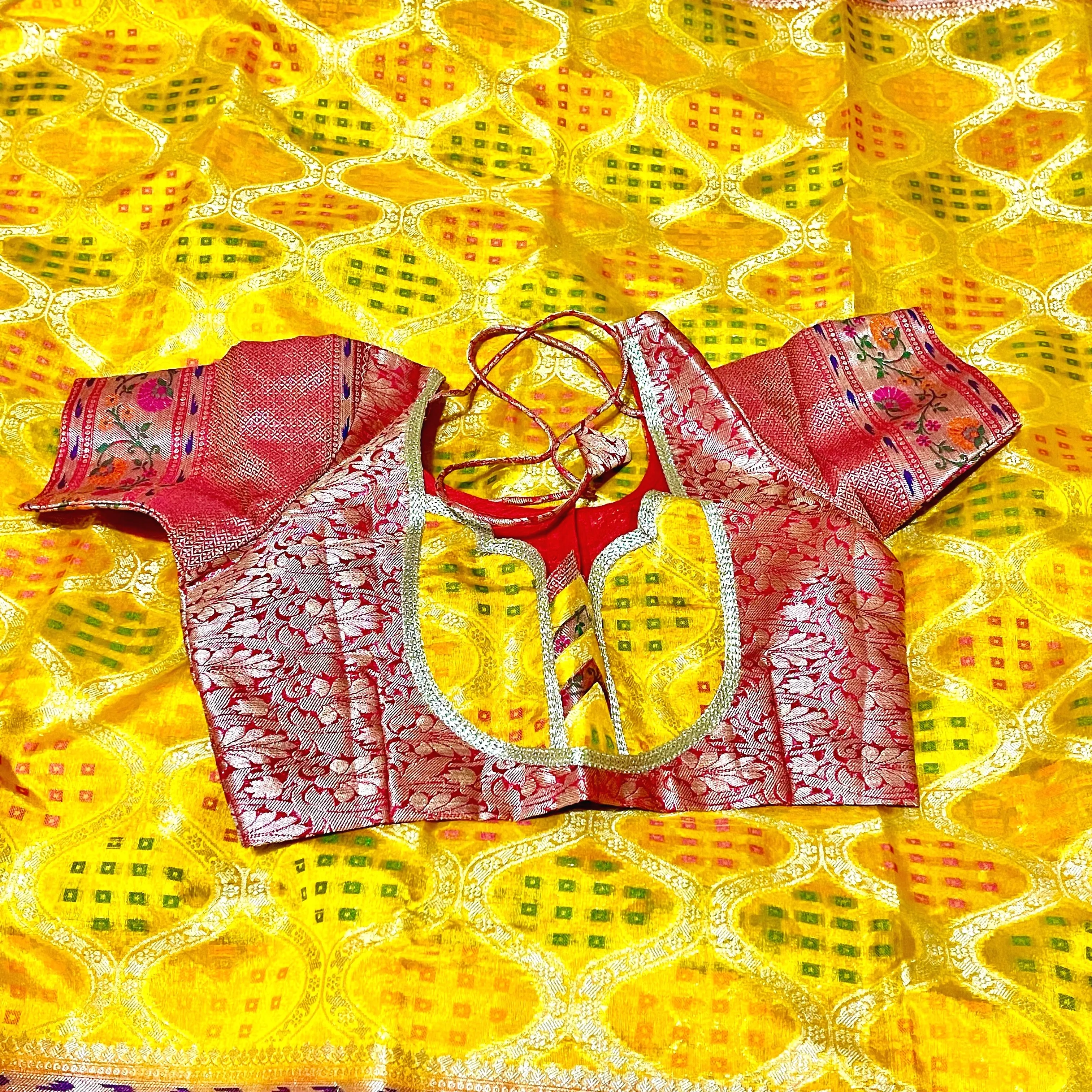 Mustard Yellow & Red Dupion silk with Paithani style border & stitched blouse