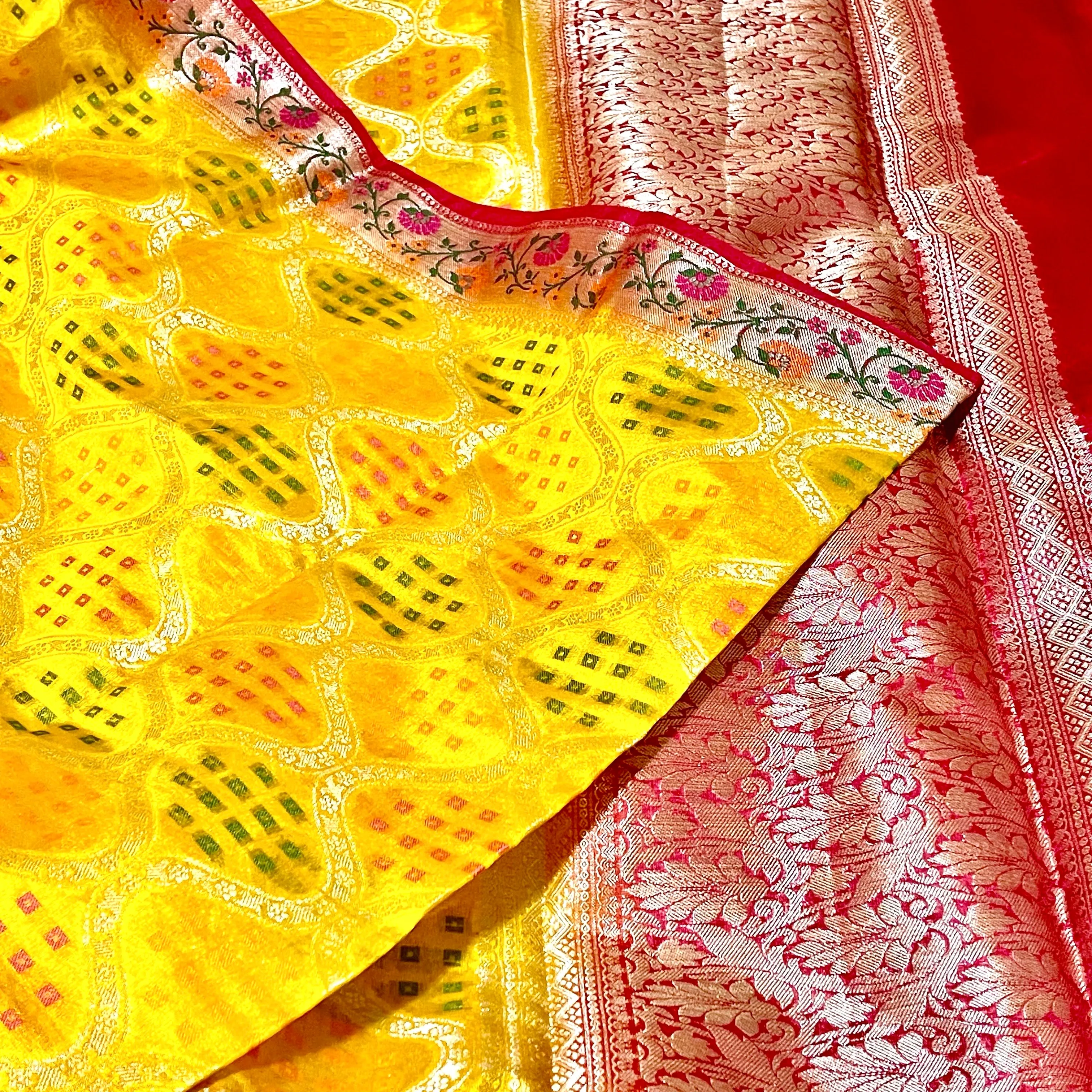 Mustard Yellow & Red Dupion silk with Paithani style border & stitched blouse