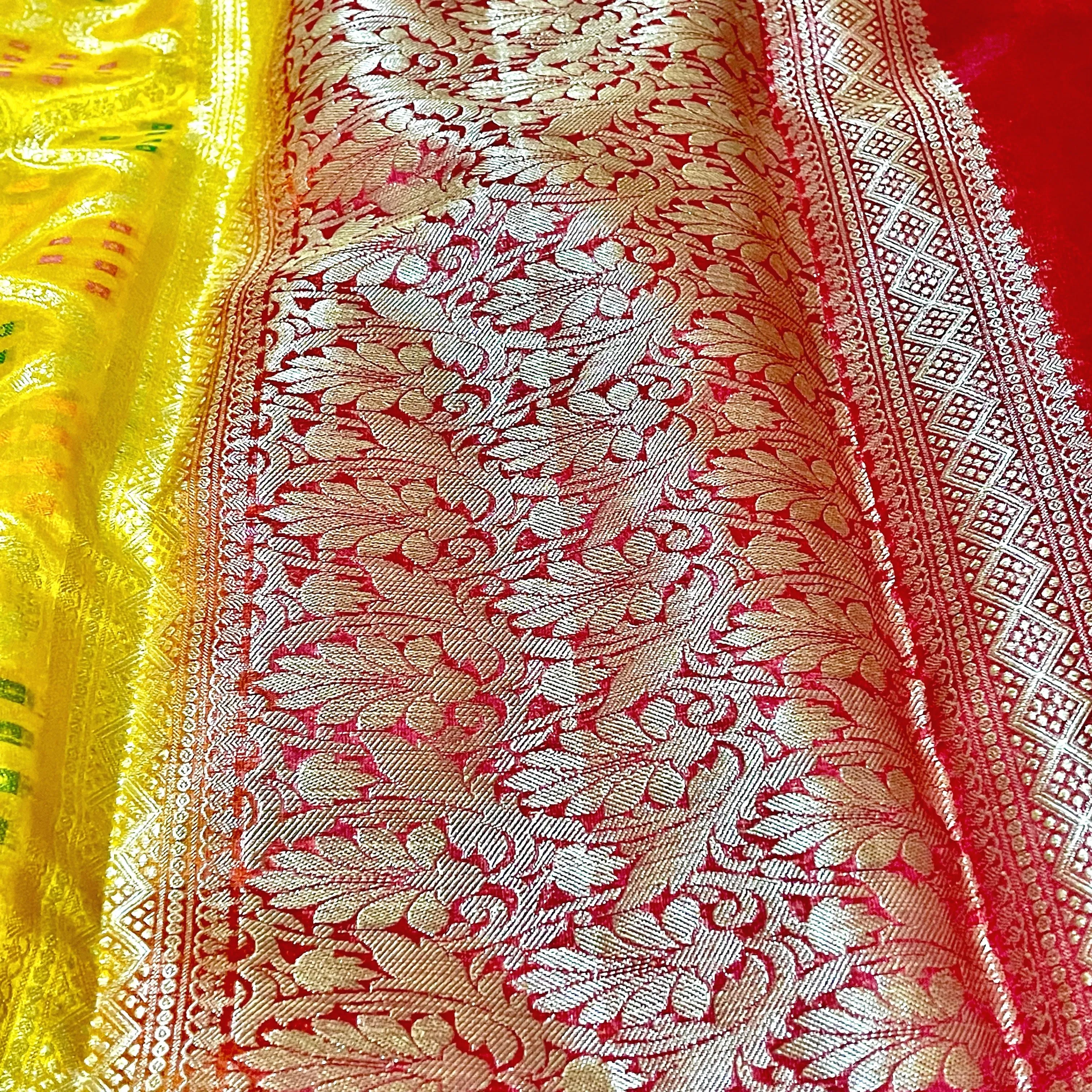 Mustard Yellow & Red Dupion silk with Paithani style border & stitched blouse