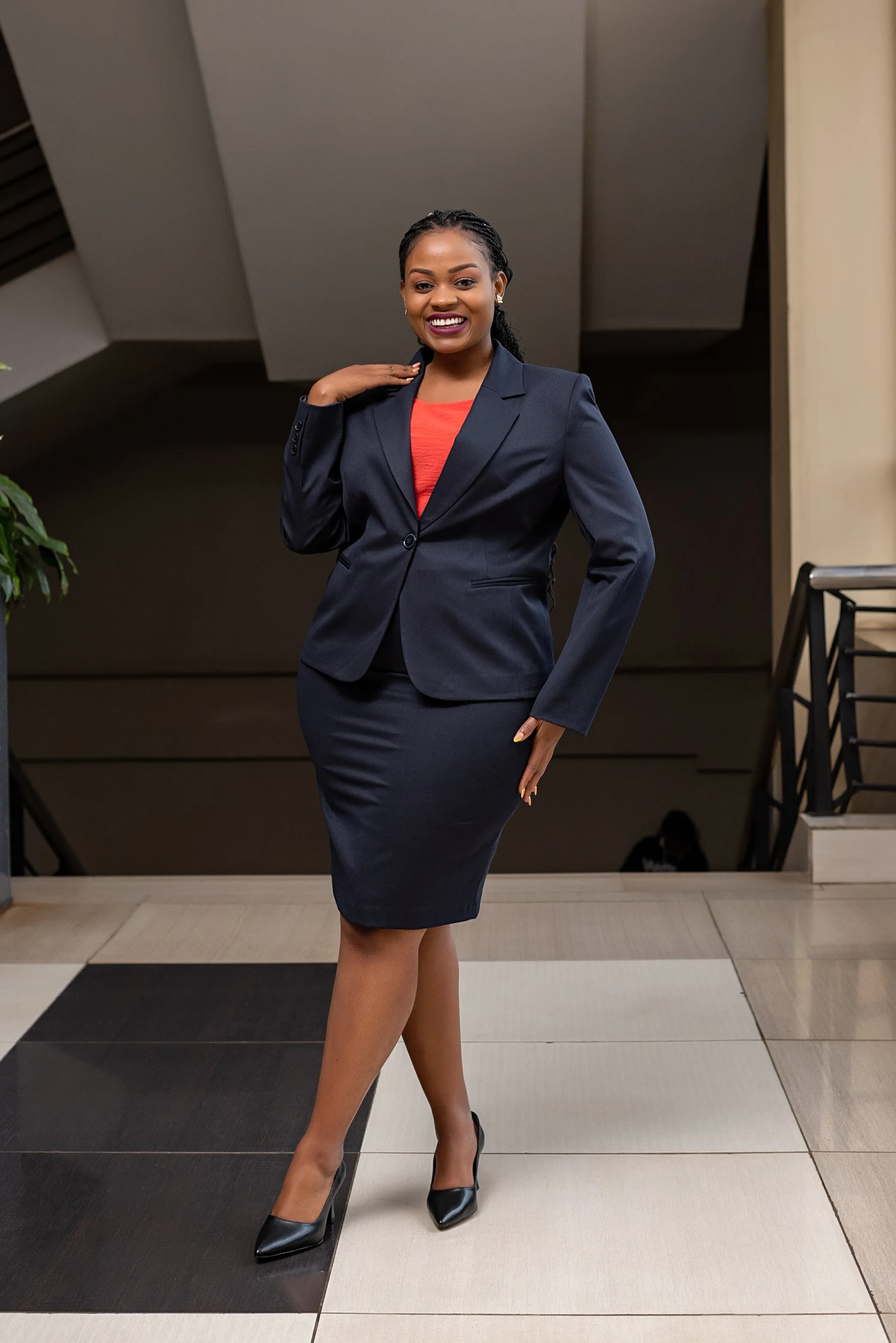 Navy blue sleeve button skirt suit