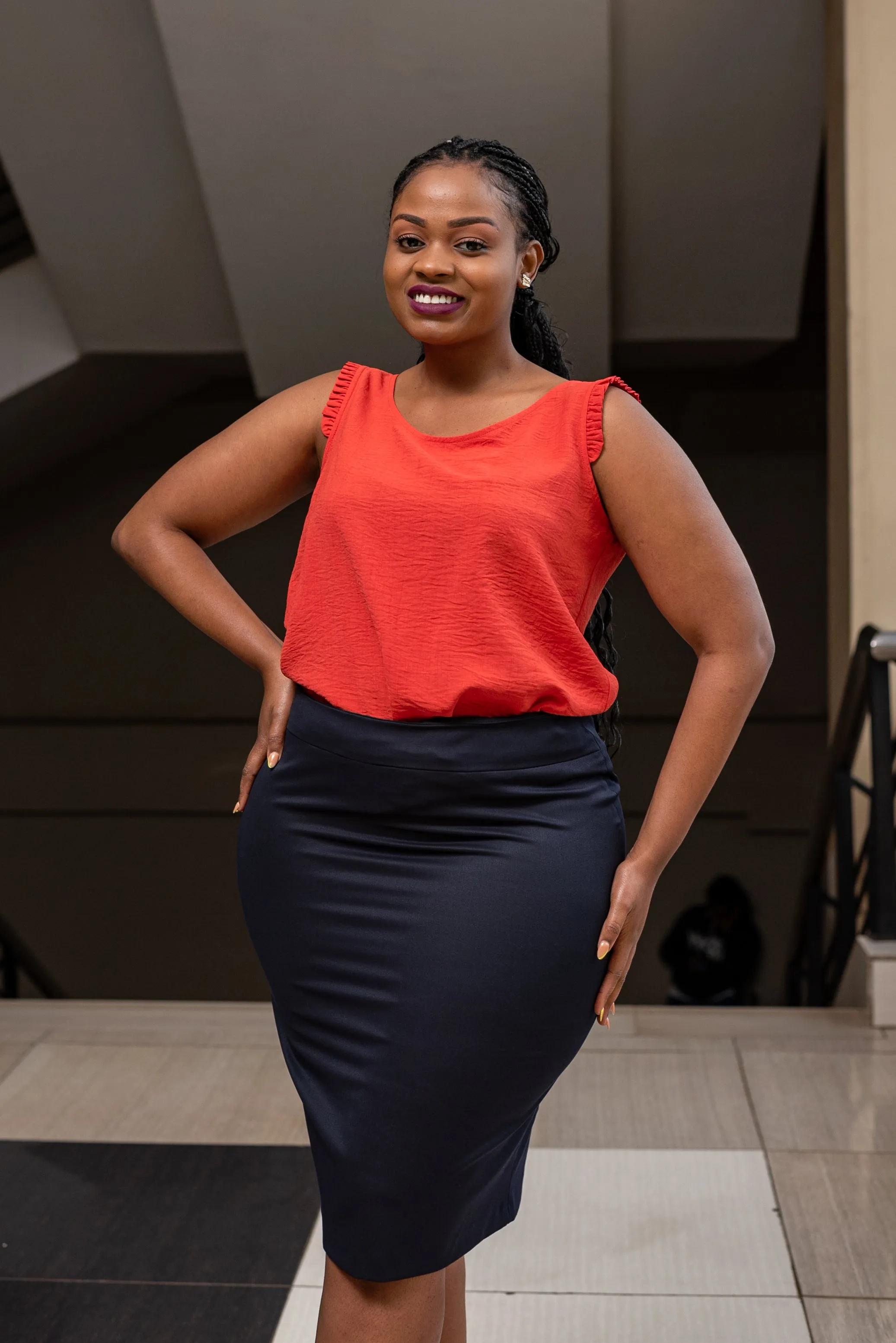 Navy blue sleeve button skirt suit