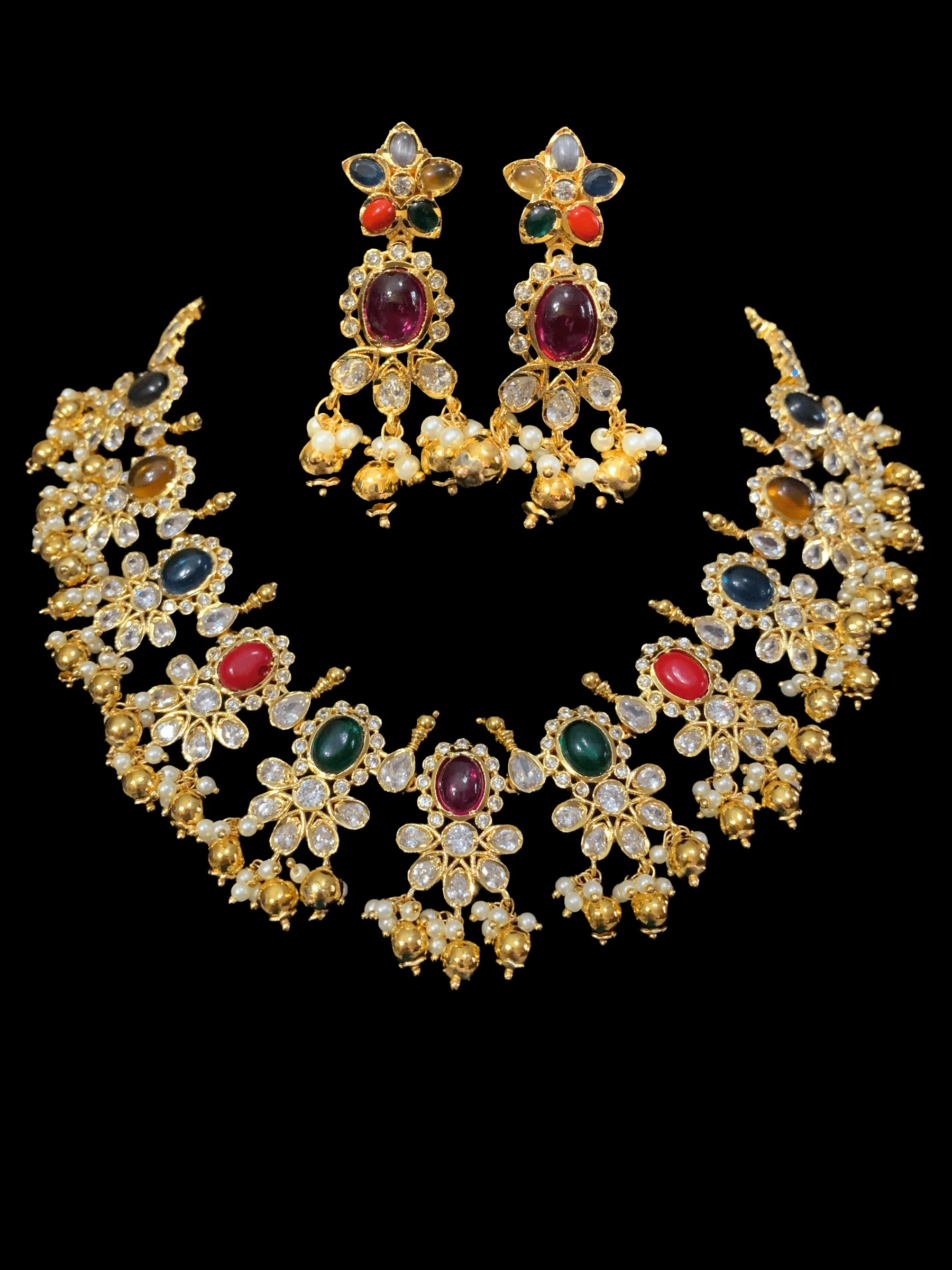 NS30 Navratan cz necklace set ( READY TO SHIP )