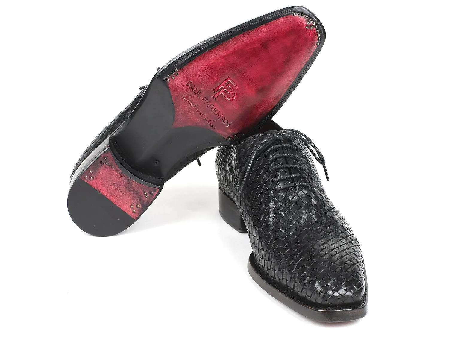 Paul Parkman Men's Black Woven Leather Oxfords (ID#044WN86)