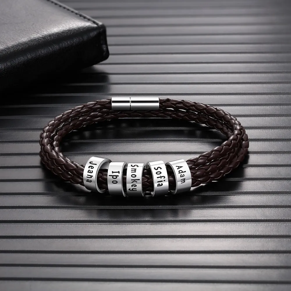 Personalized 5 Names Brown Braided Rope Leather Bracelet