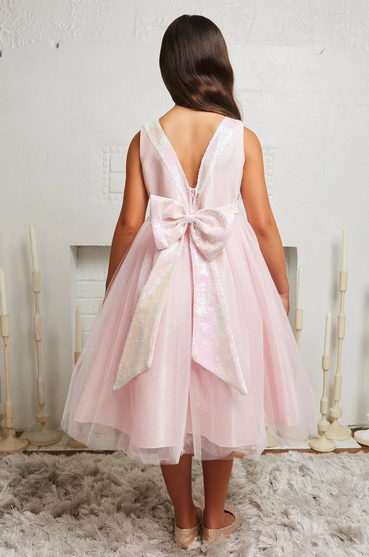 Pink/Iridescent Sequins V Back & Bow Girls Dress