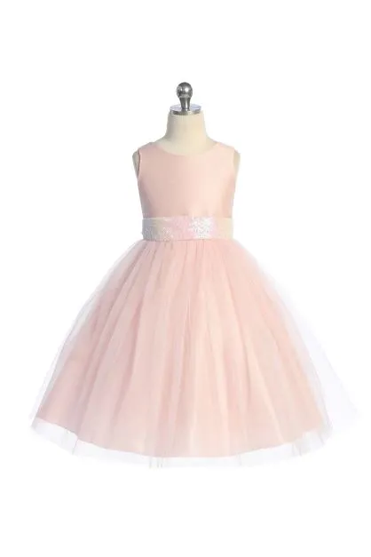 Pink/Iridescent Sequins V Back & Bow Girls Dress