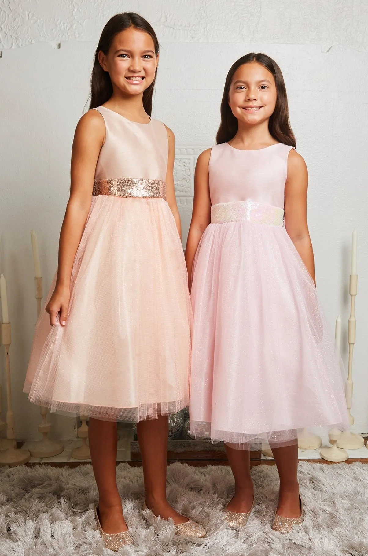 Pink/Iridescent Sequins V Back & Bow Girls Dress