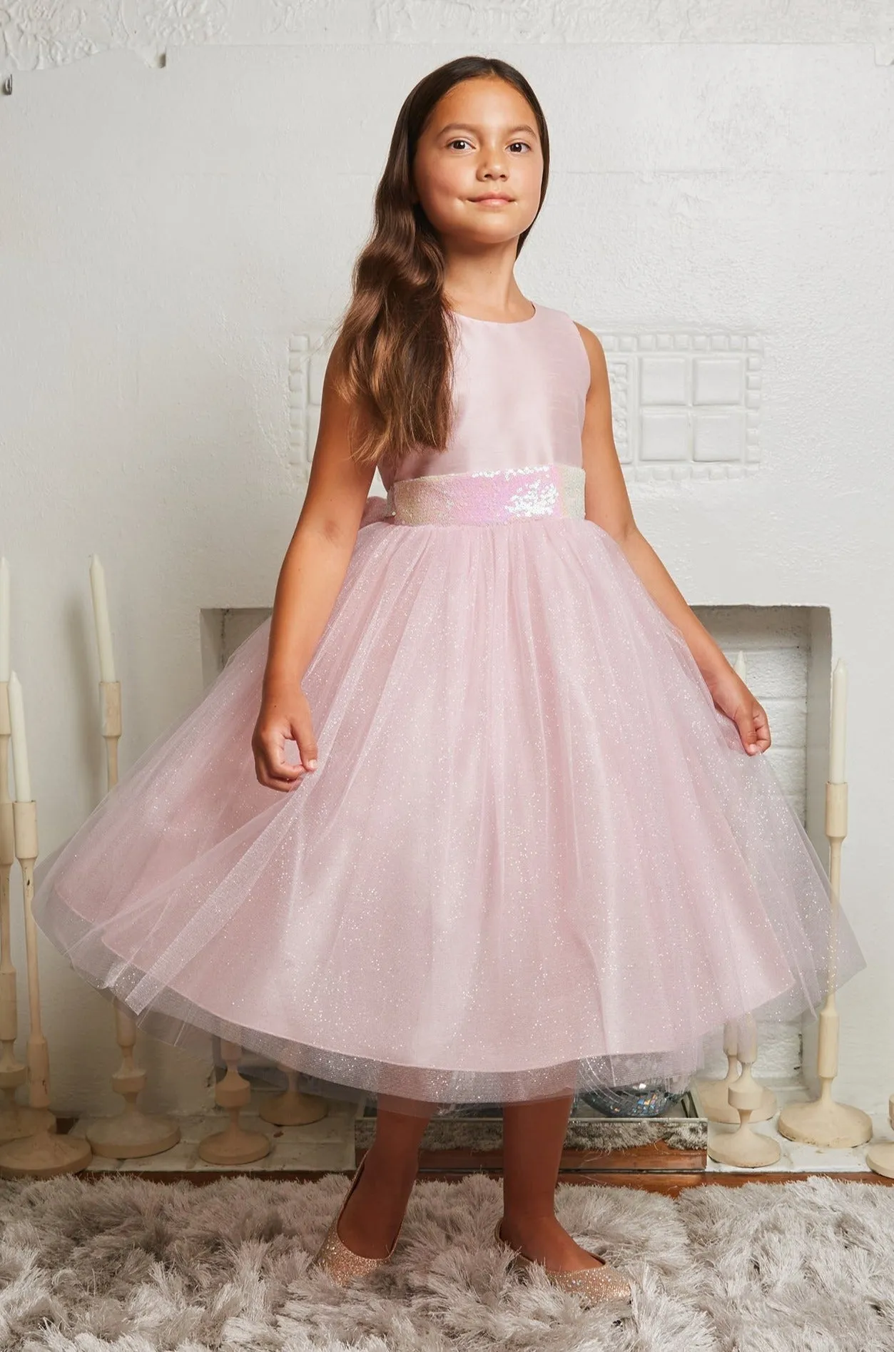 Pink/Iridescent Sequins V Back & Bow Girls Dress