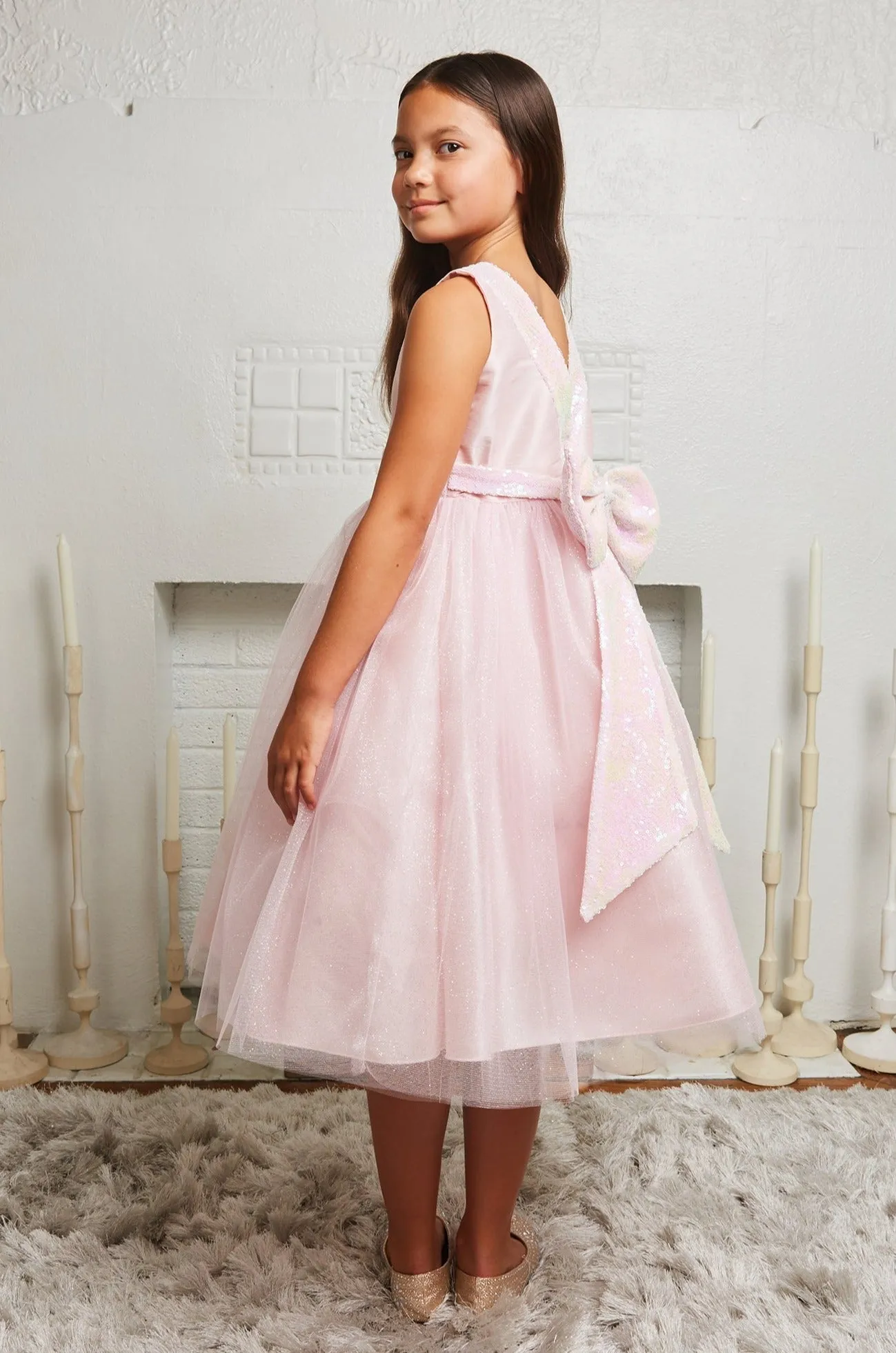 Pink/Iridescent Sequins V Back & Bow Girls Dress