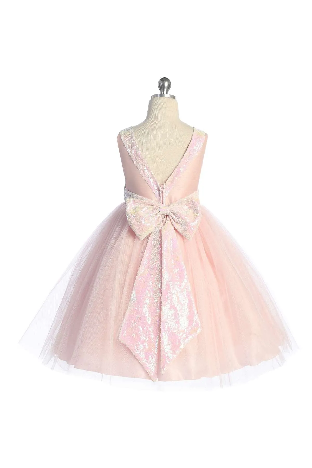 Pink/Iridescent Sequins V Back & Bow Girls Dress