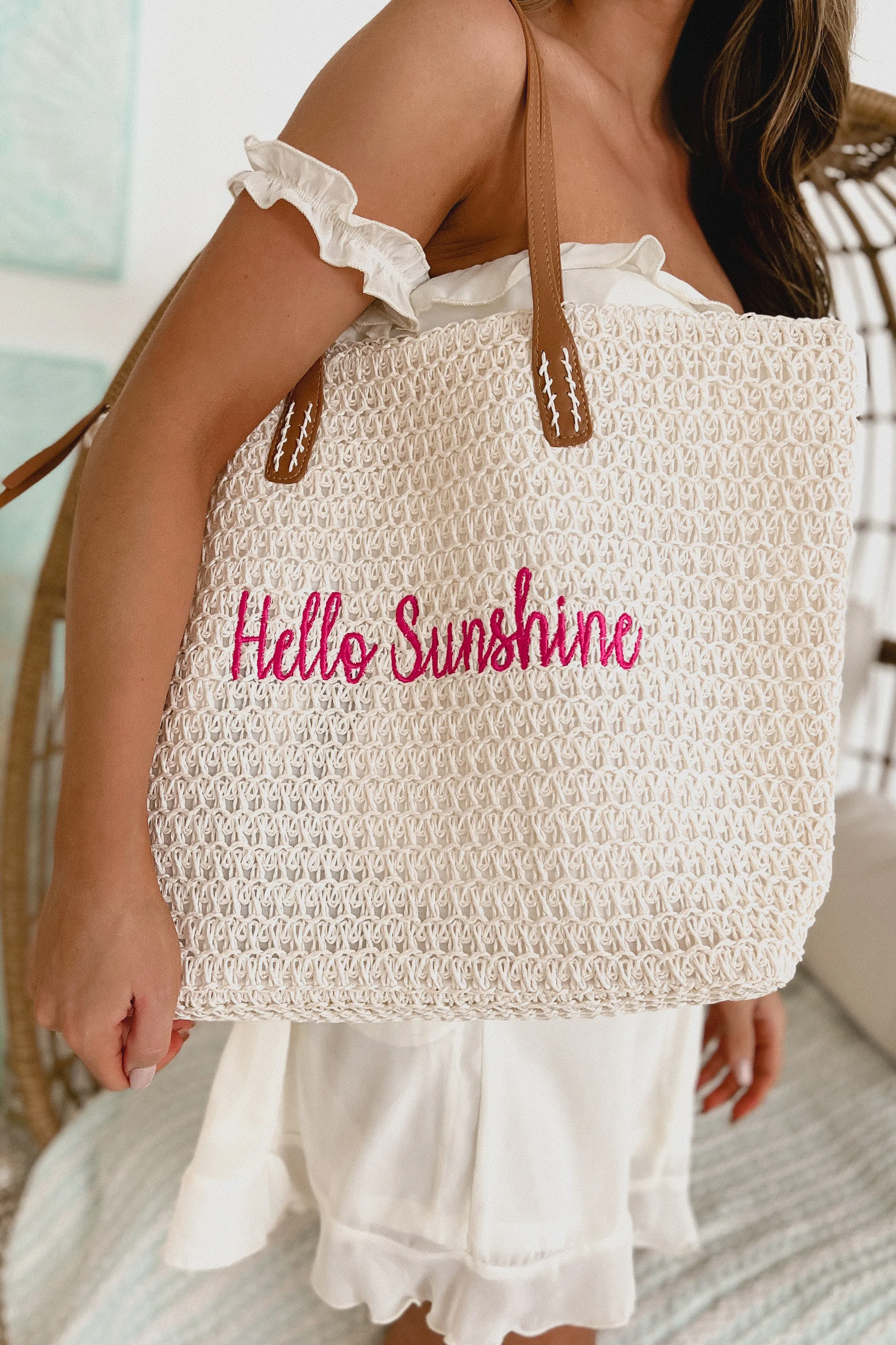 "Hello Sunshine" Embroidered Straw Tote (White/Pink)