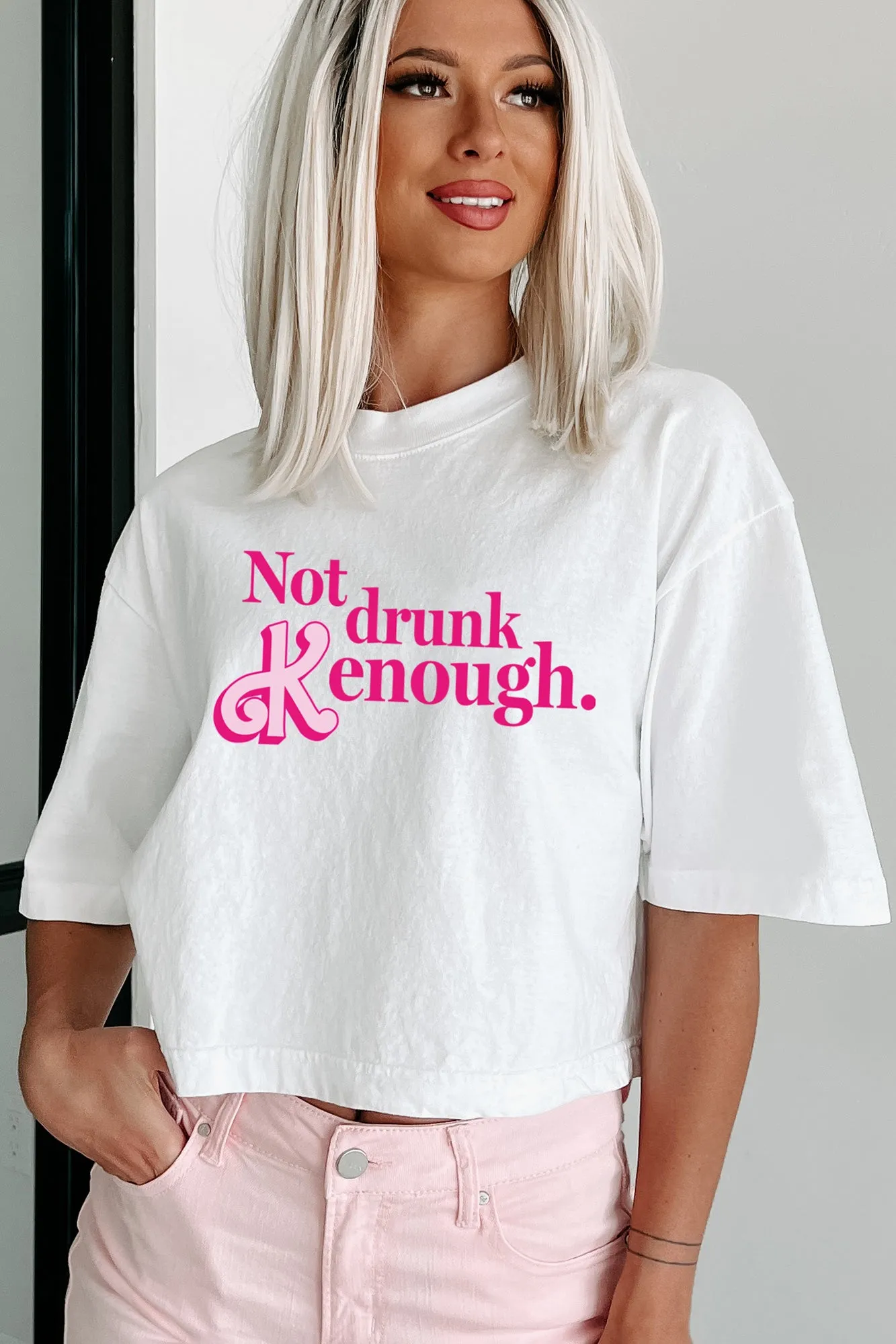 "Not Drunk Kenough" Oversized Graphic Crop Tee (White) - Print On Demand