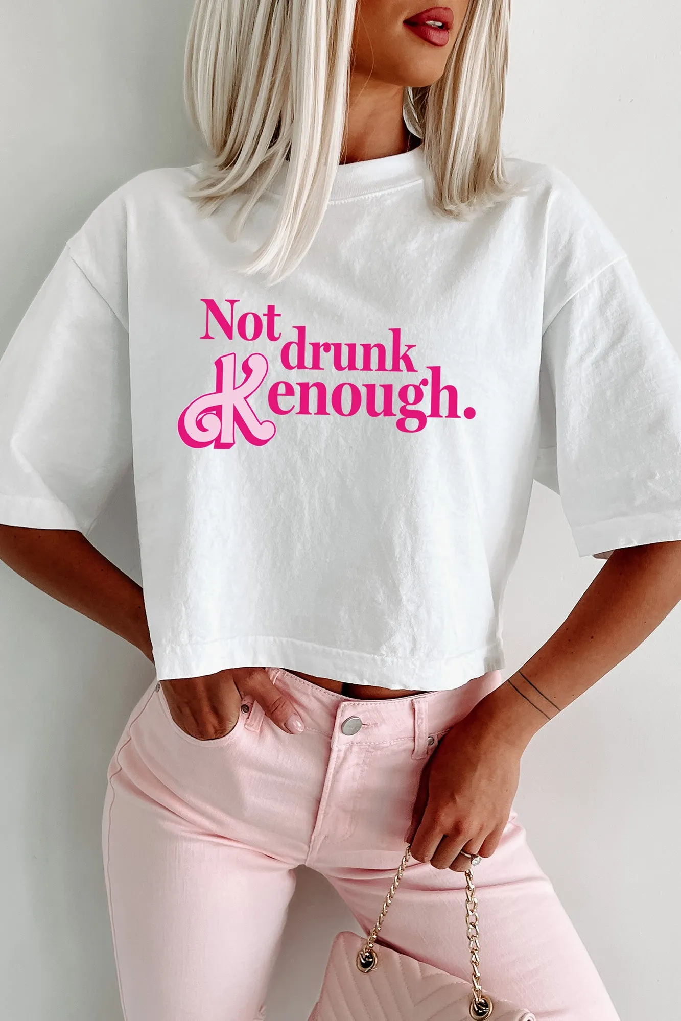 "Not Drunk Kenough" Oversized Graphic Crop Tee (White) - Print On Demand