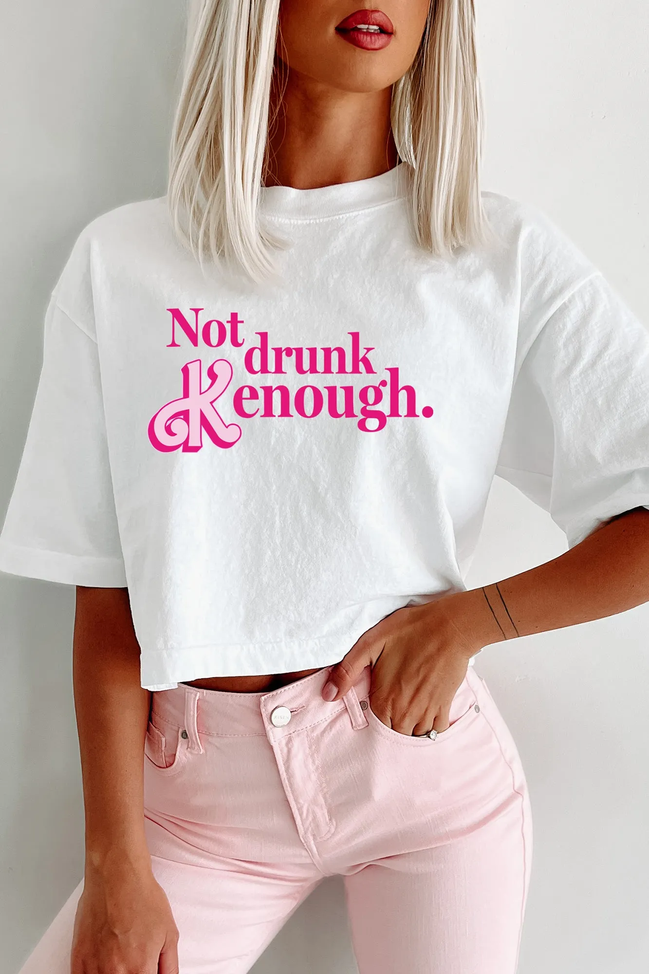 "Not Drunk Kenough" Oversized Graphic Crop Tee (White) - Print On Demand