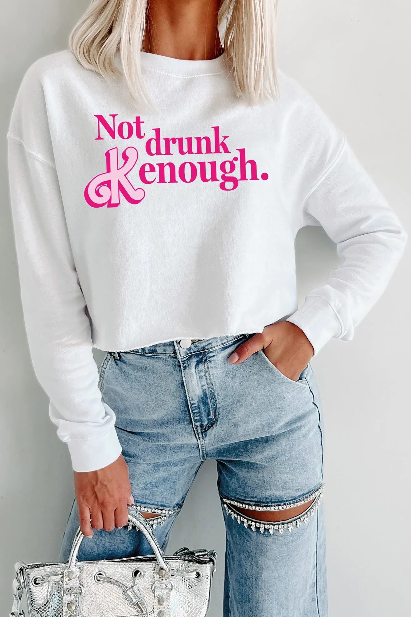 "Not Drunk Kenough" Raw Hem Crop Graphic Crewneck (White) - Print On Demand