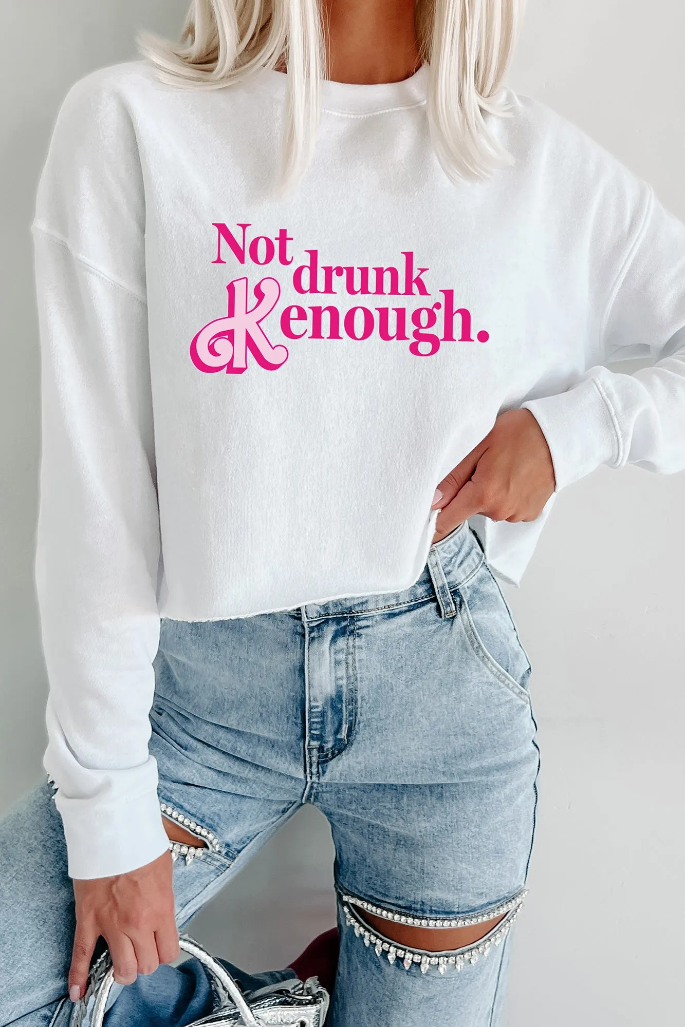 "Not Drunk Kenough" Raw Hem Crop Graphic Crewneck (White) - Print On Demand