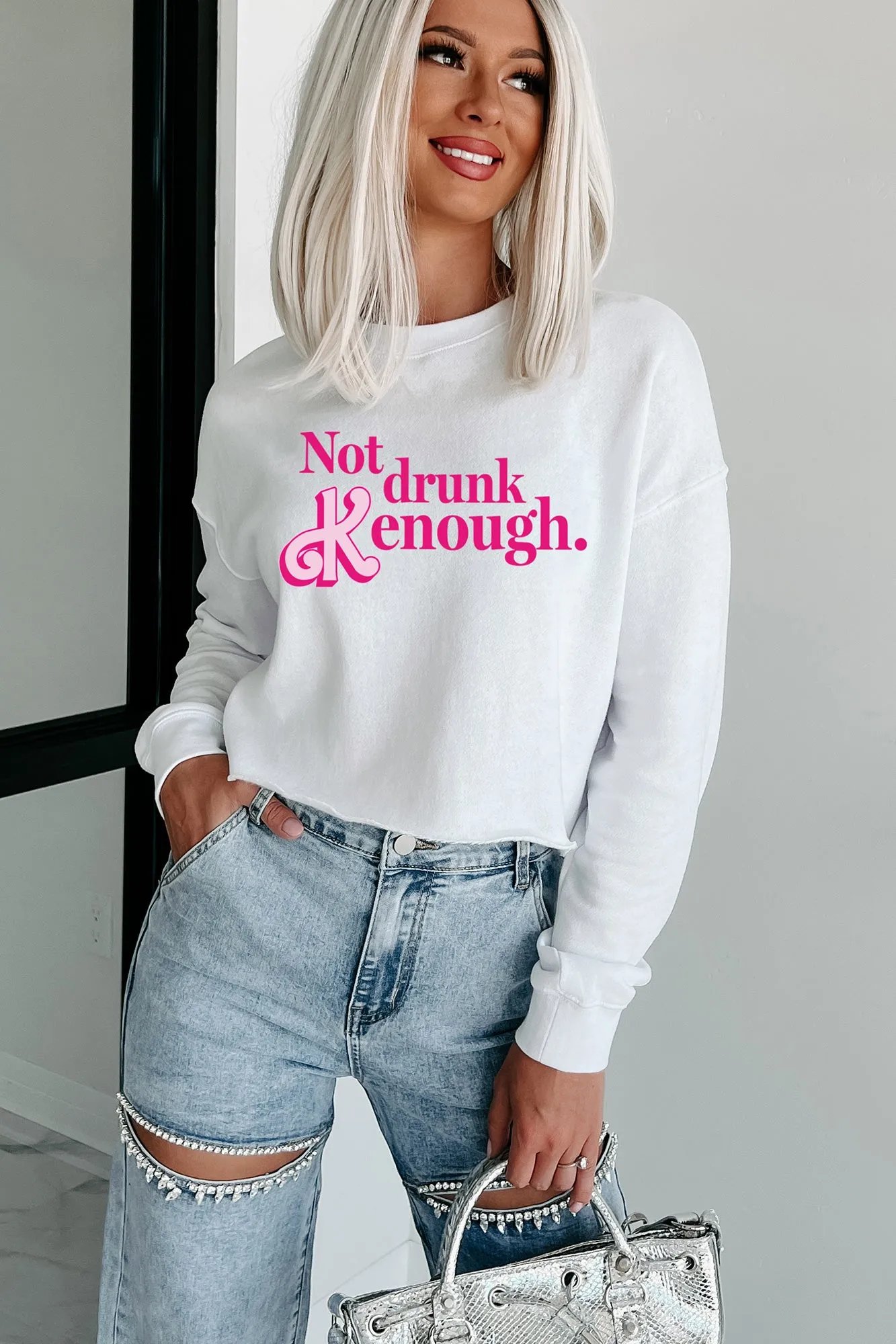 "Not Drunk Kenough" Raw Hem Crop Graphic Crewneck (White) - Print On Demand