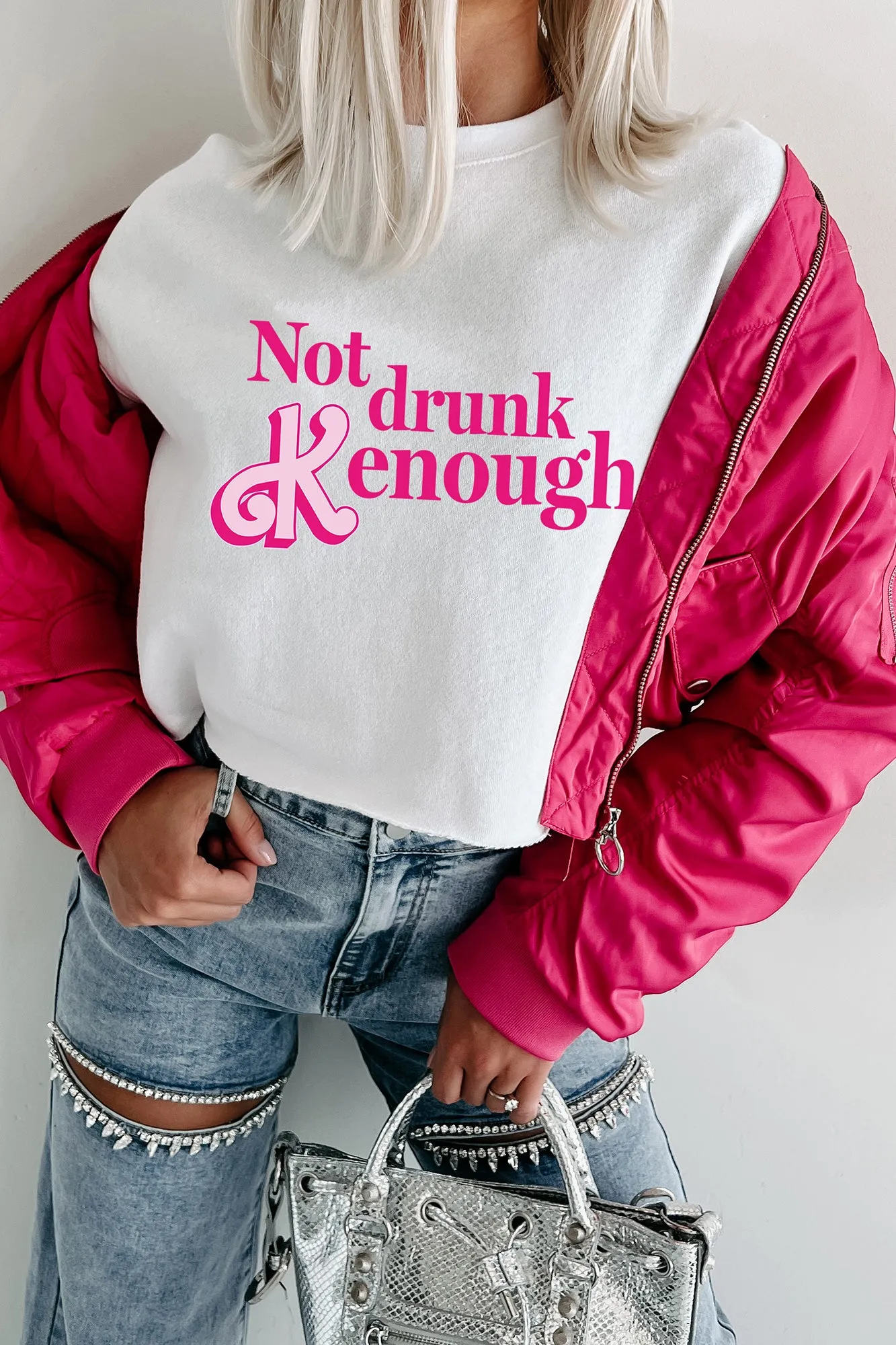 "Not Drunk Kenough" Raw Hem Crop Graphic Crewneck (White) - Print On Demand