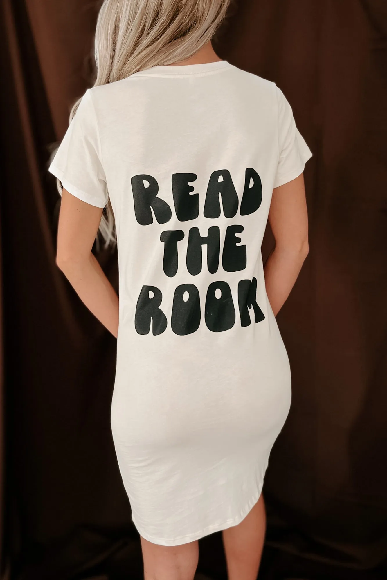 "Read The Room" Double-Sided Graphic T-Shirt Dress (Cream) - Print On Demand