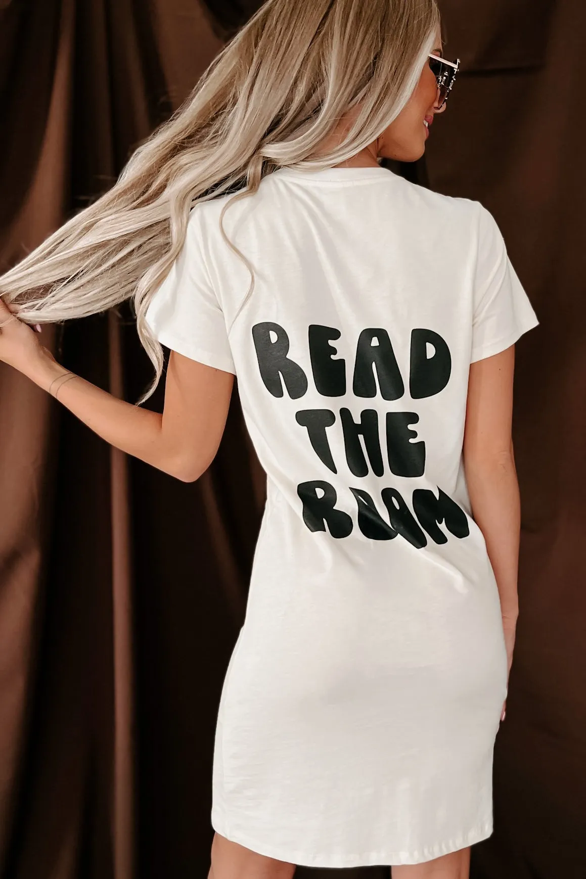 "Read The Room" Double-Sided Graphic T-Shirt Dress (Cream) - Print On Demand