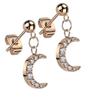 Rose Gold PVD Crescent Moon CZ Dangle Stainless Steel Stud Earrings