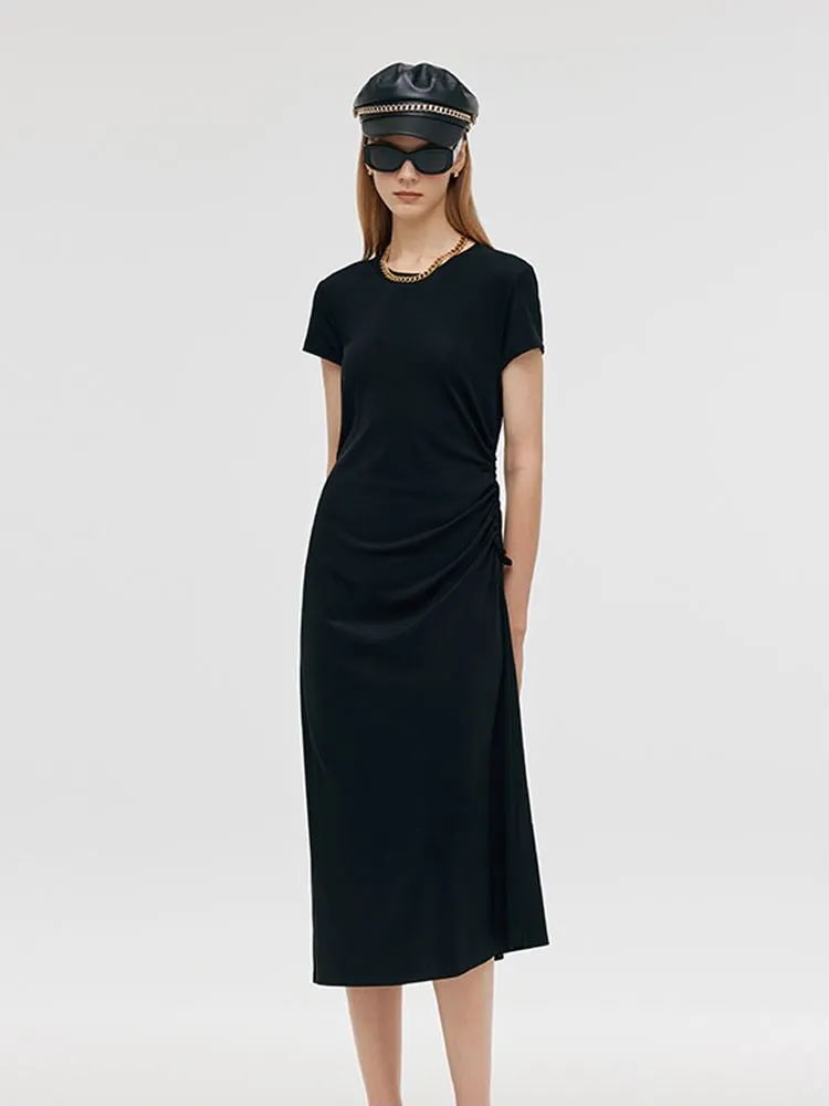 Round Neck Drawstring Waist Women Midi Dress