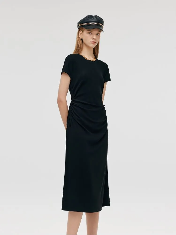 Round Neck Drawstring Waist Women Midi Dress