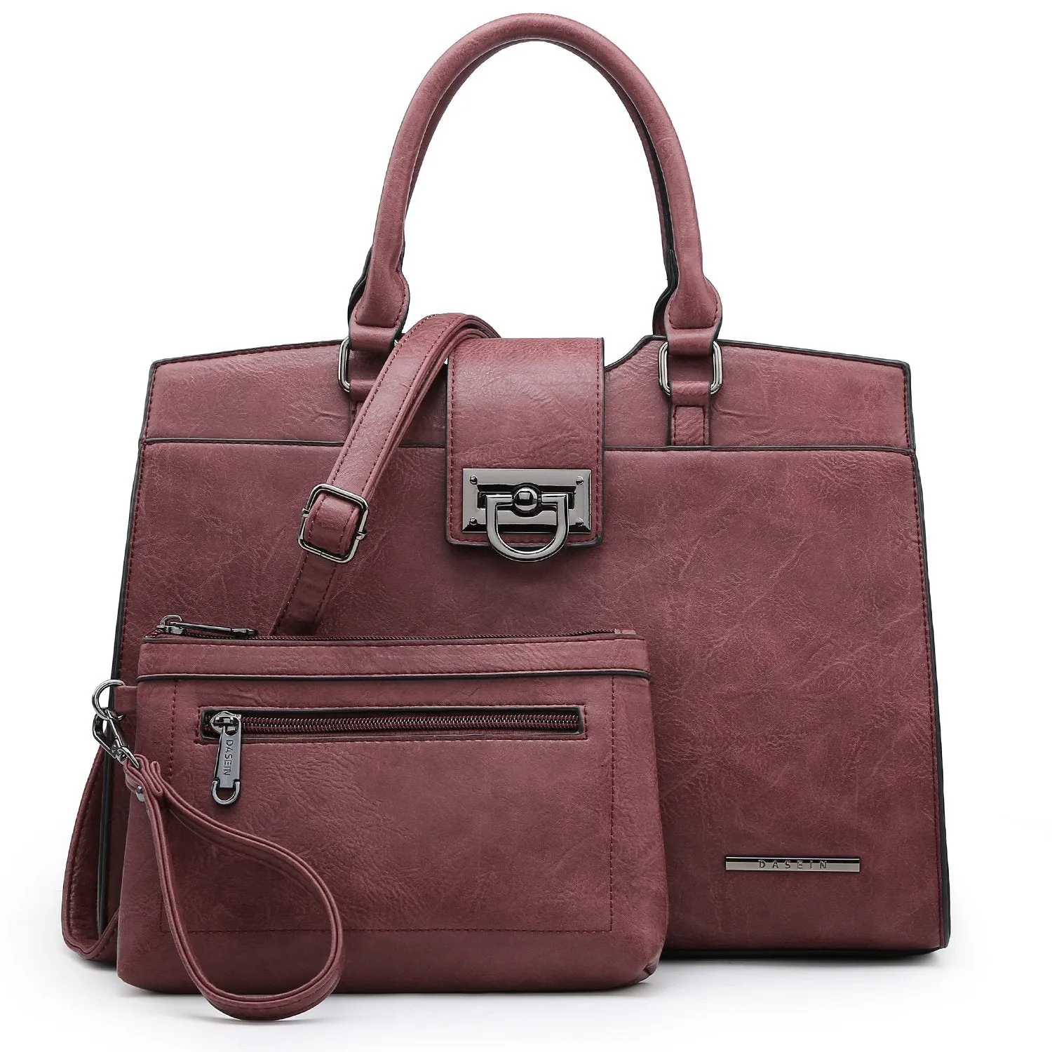 Solid-Color Satchel Handbag with Matching Wallet