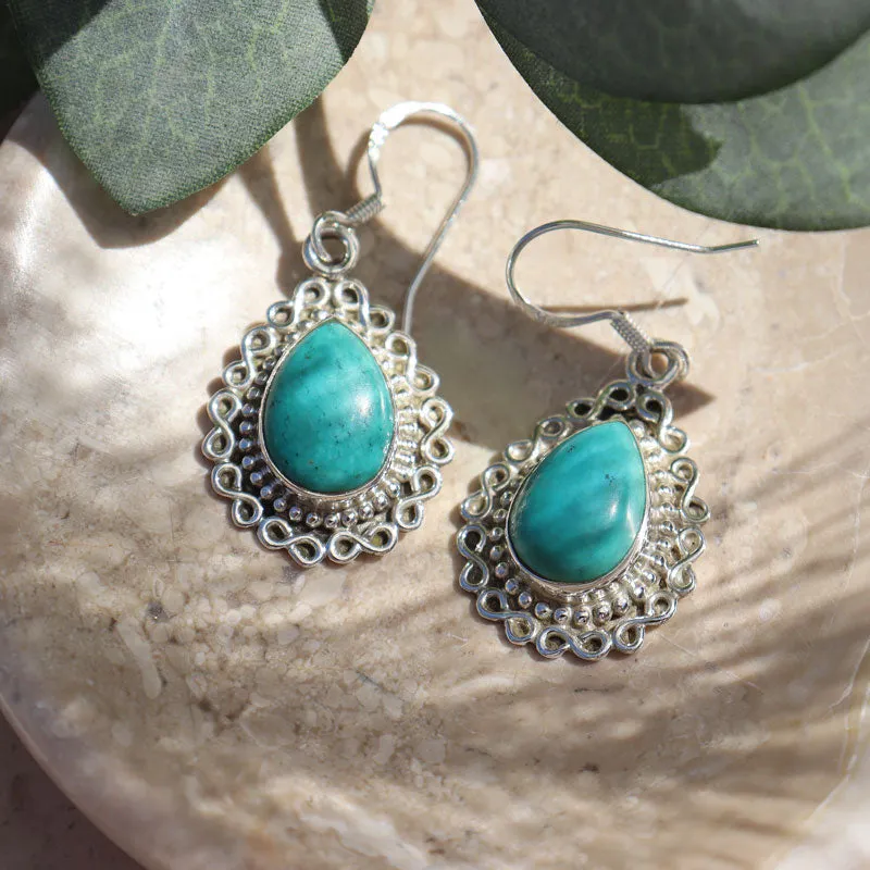 Teardrop Turquoise Boho Silver Earrings