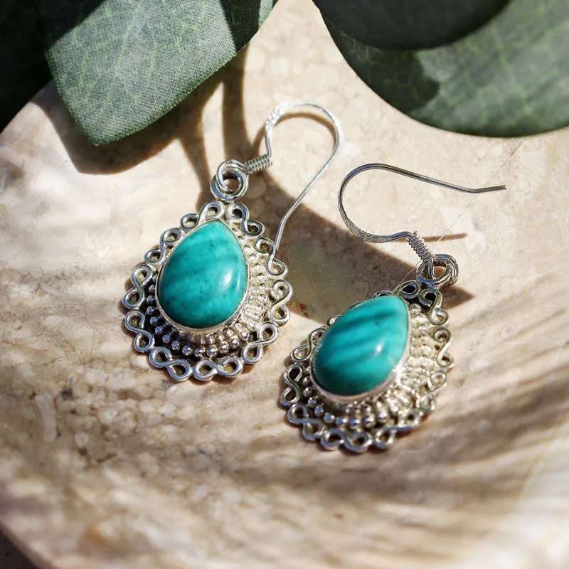 Teardrop Turquoise Boho Silver Earrings