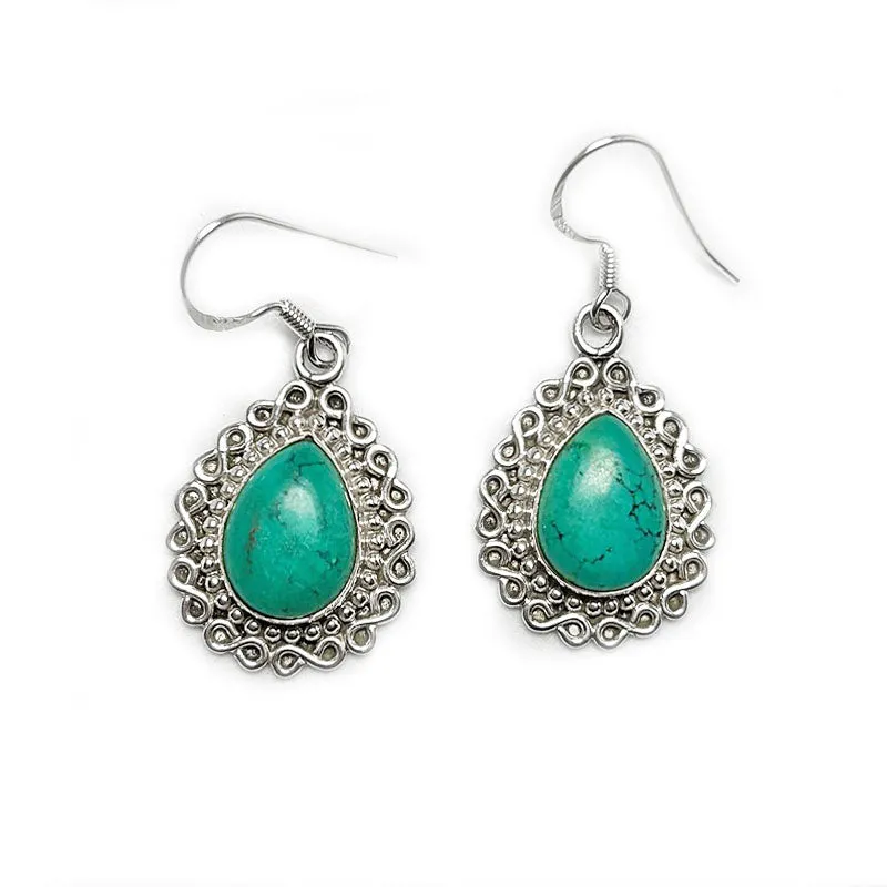 Teardrop Turquoise Boho Silver Earrings