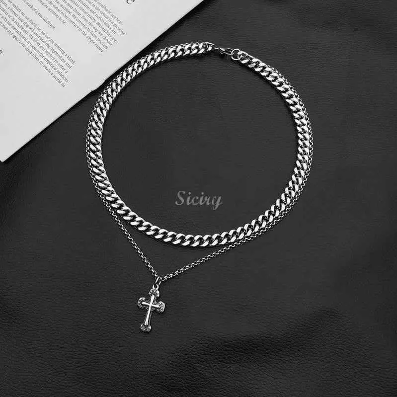 Titanium Steel Double-layer Cuban Cross Necklace