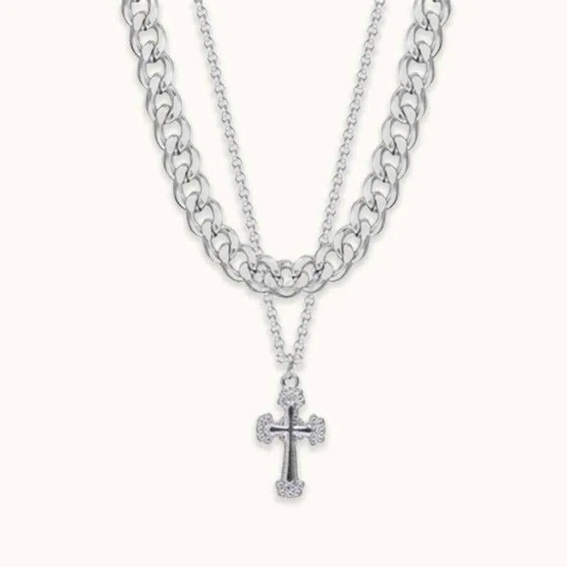 Titanium Steel Double-layer Cuban Cross Necklace