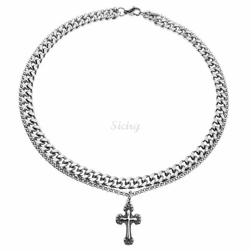 Titanium Steel Double-layer Cuban Cross Necklace