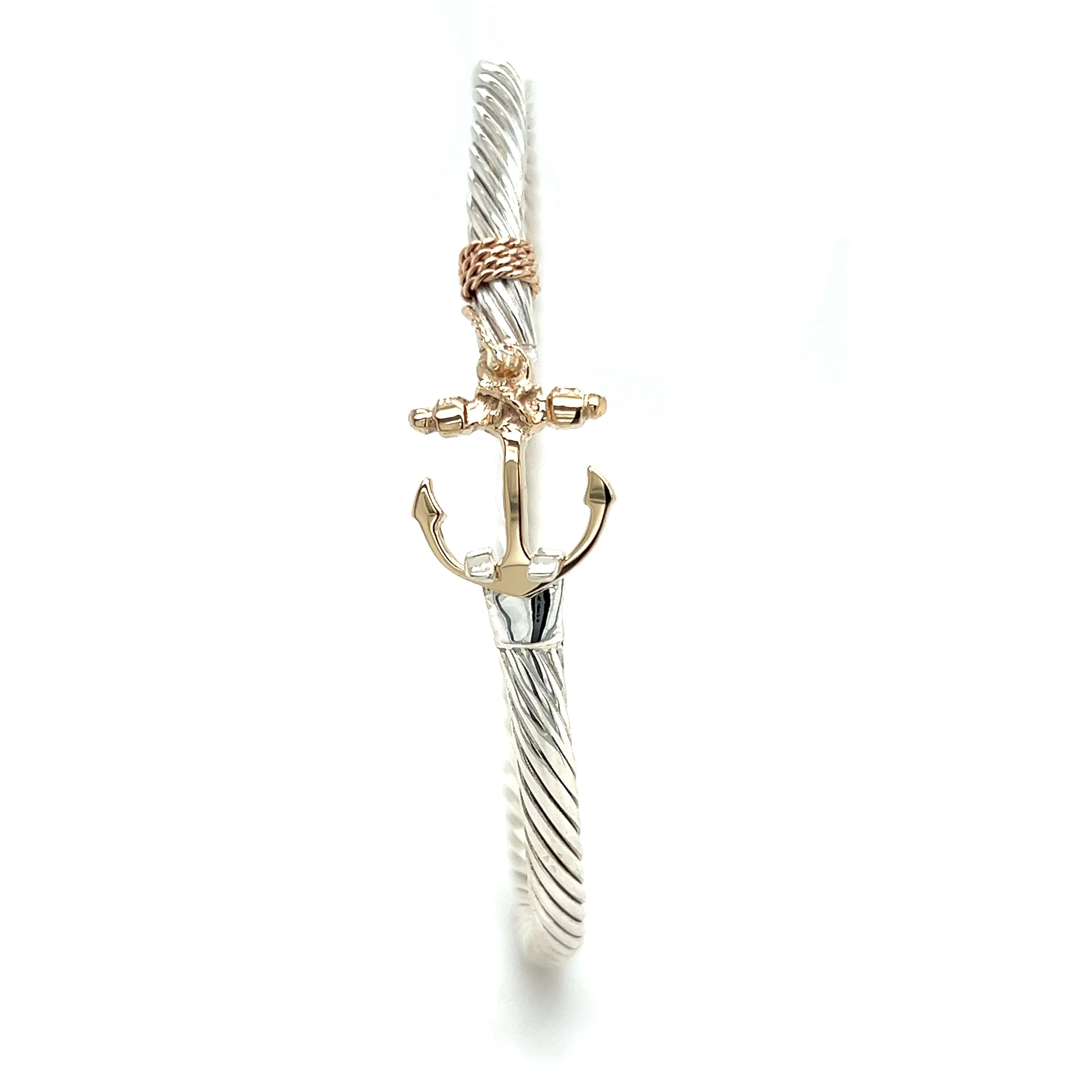 Twisted Cable 3.5mm Bangle Bracelet with 14K Yellow Gold Anchor and Wrap in Sterling Silver